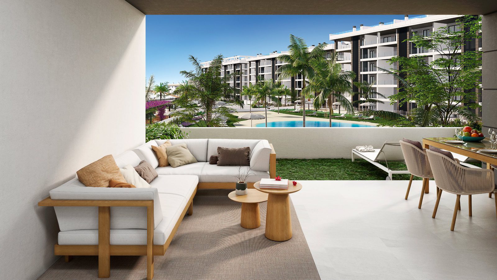 A stylish terrace with seating and dining area overlooking a pool and gardens - The Estates