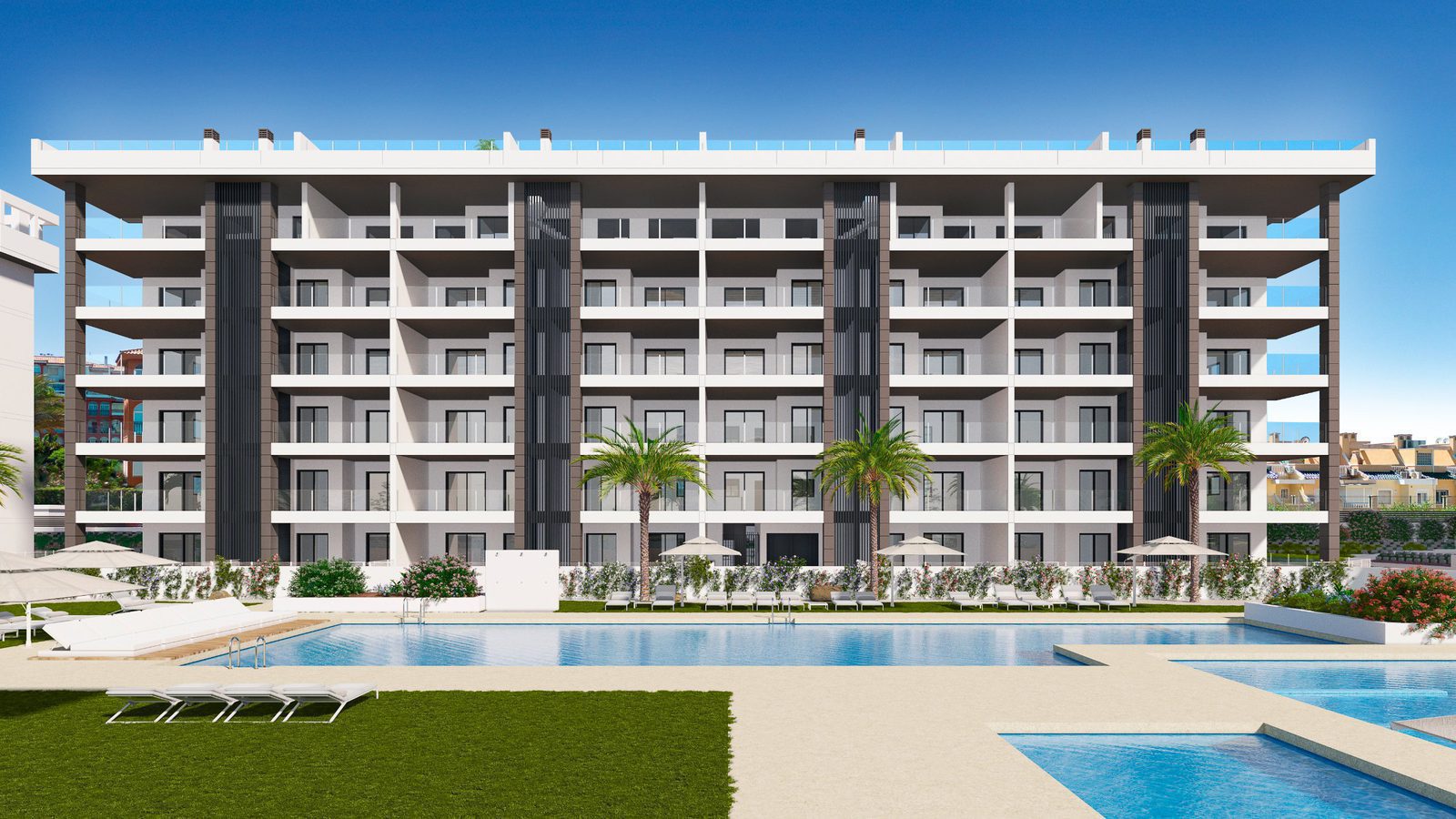 Exterior view of a modern apartment building with a pool and garden in Torrevieja - The Estates