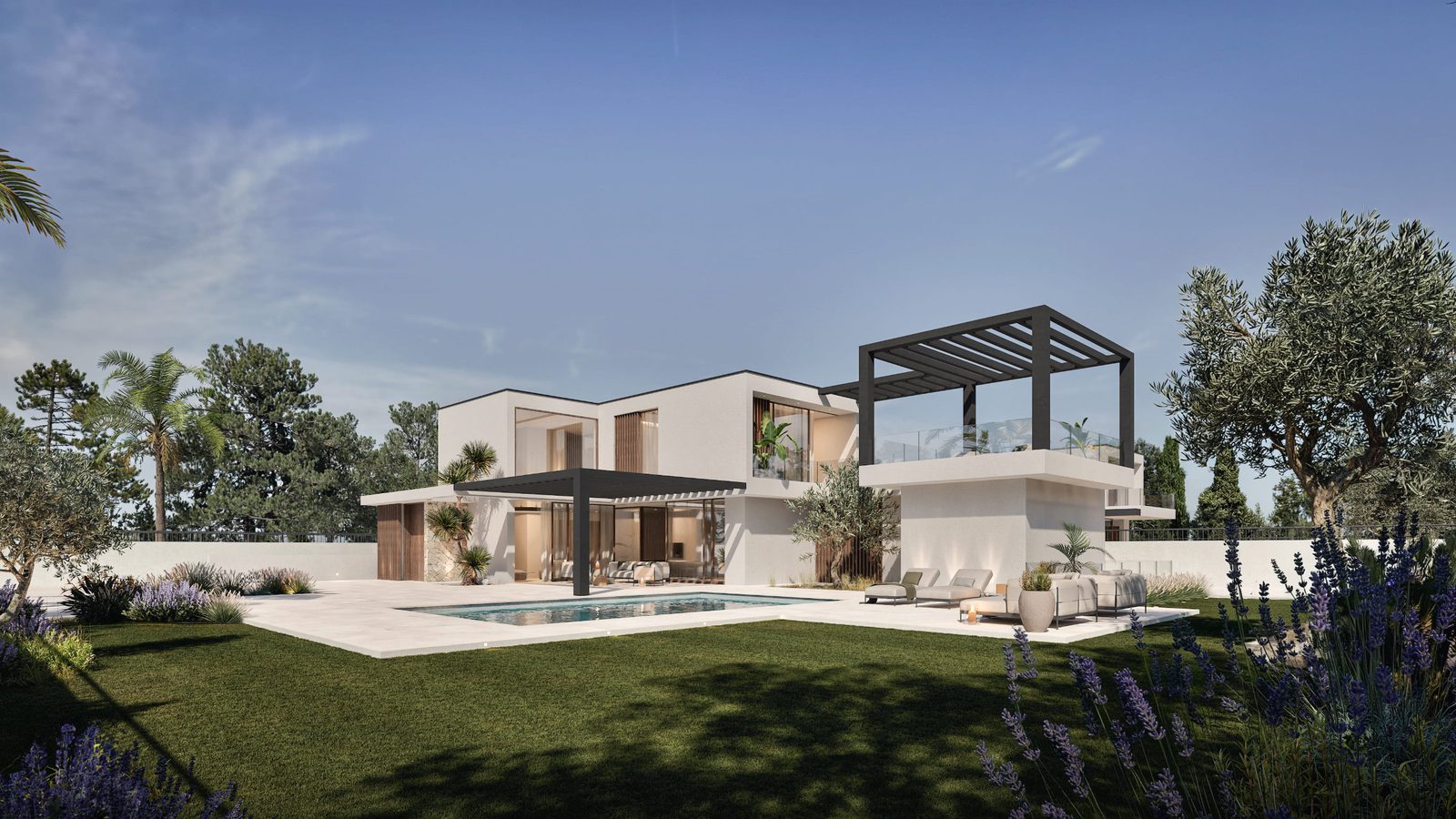 Exterior view of a modern 4-bedroom villa with a pool and garden in Denia - The Estates