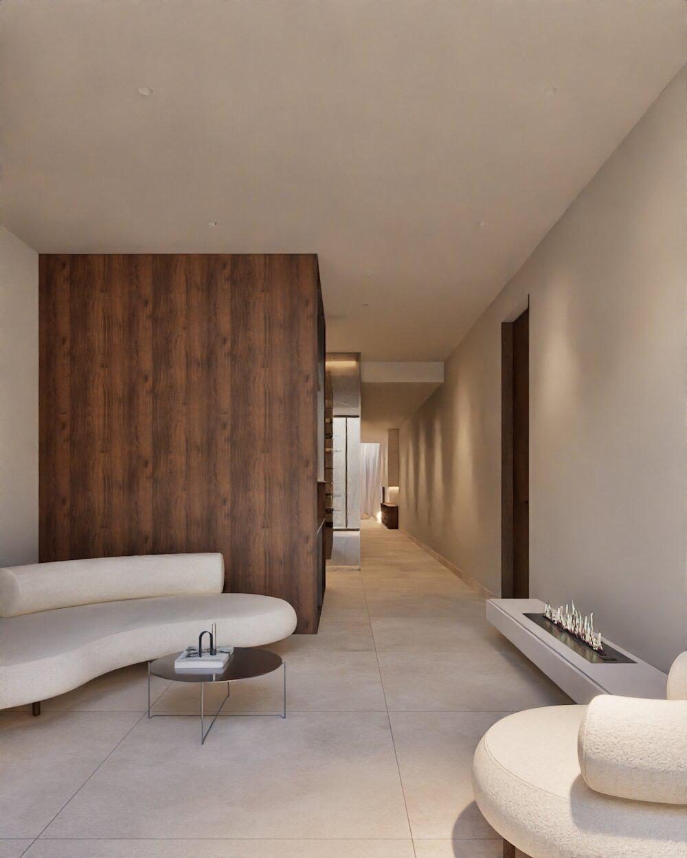 Stylish interior hallway with modern furniture and a decorative fireplace in a 4-bedroom villa in Denia - The Estates