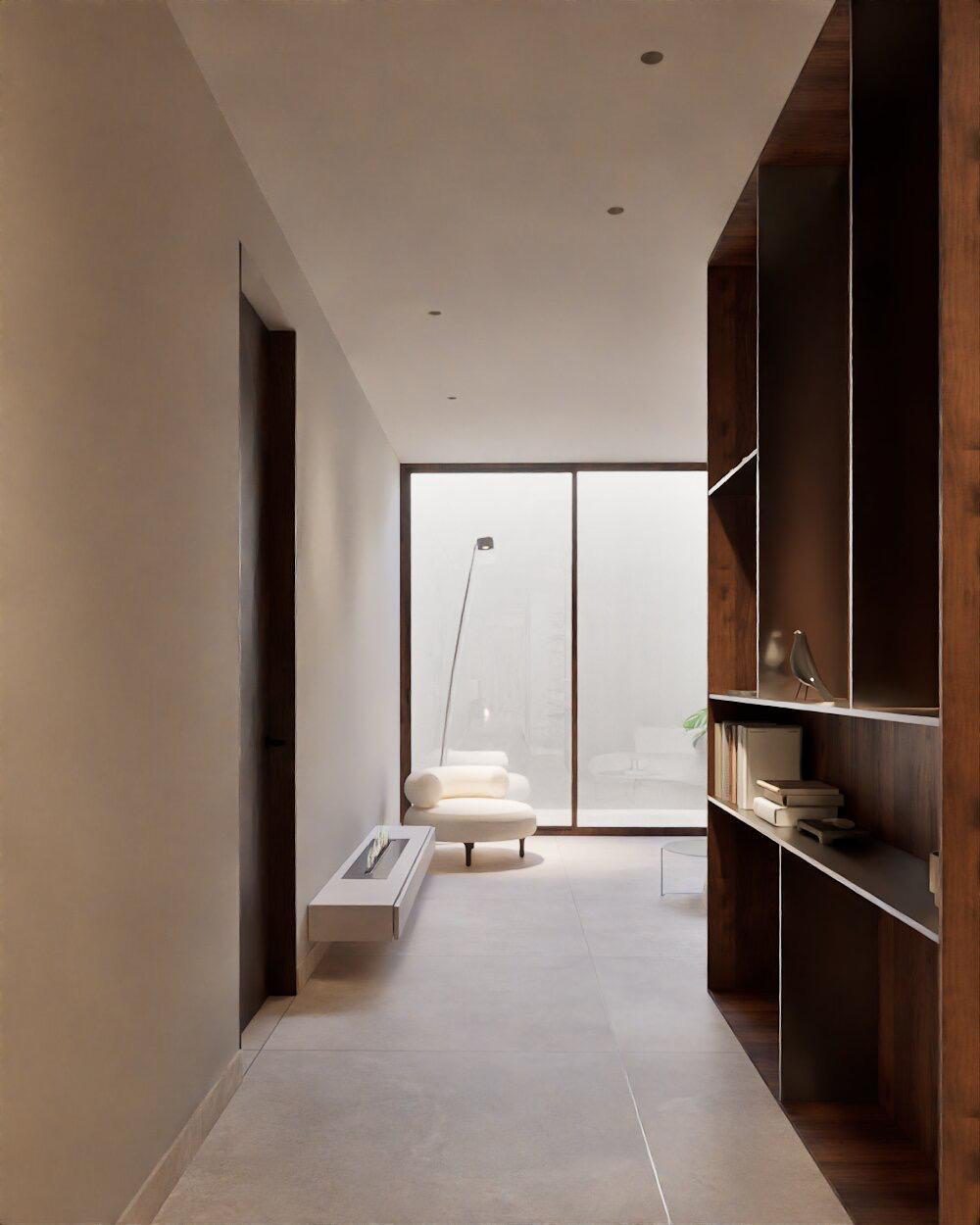 A modern hallway with a window and built-in shelving in a 4-bedroom villa in Denia - The Estates
