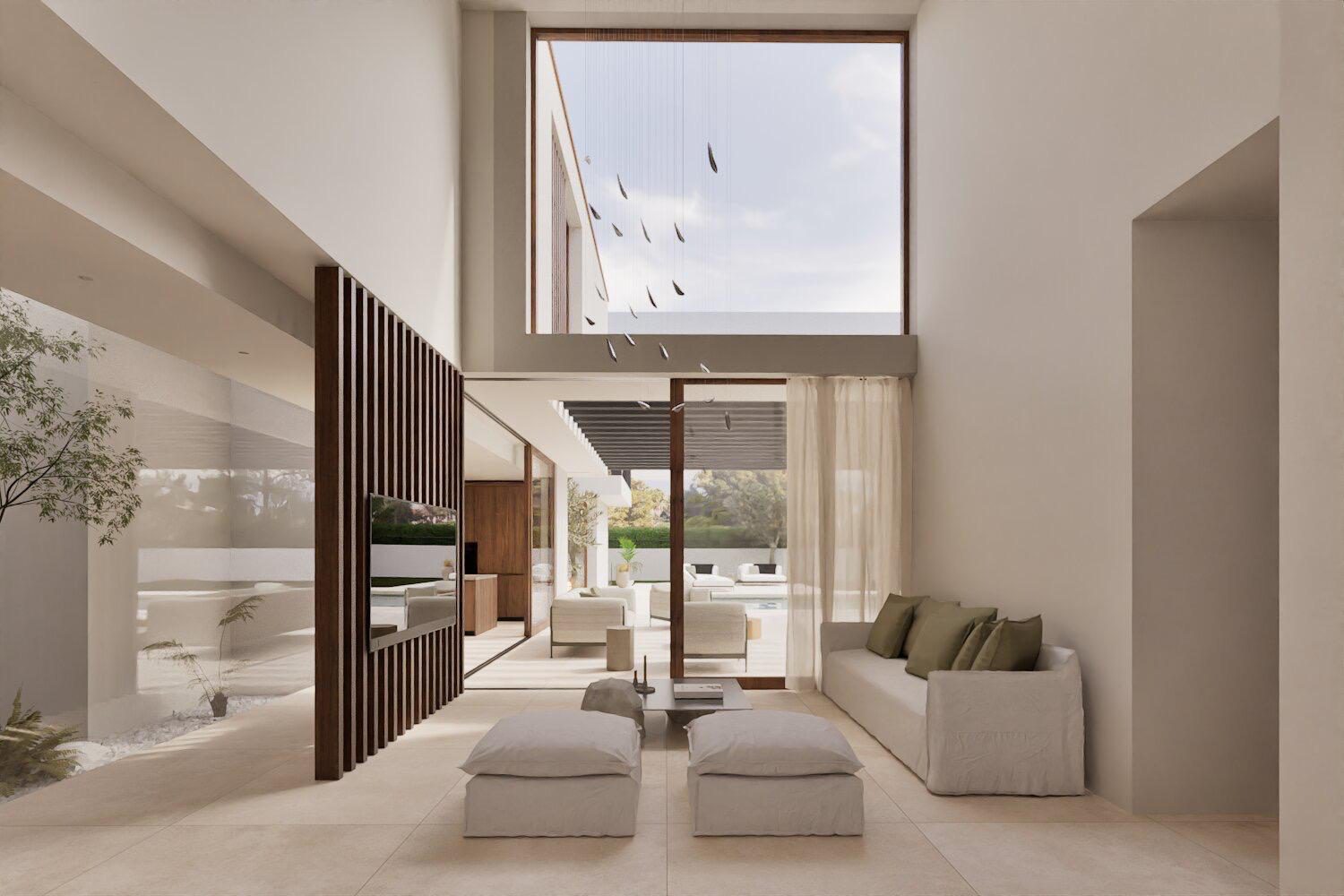 Bright living area with floor-to-ceiling windows and garden views in a 4-bedroom villa in Denia - The Estates