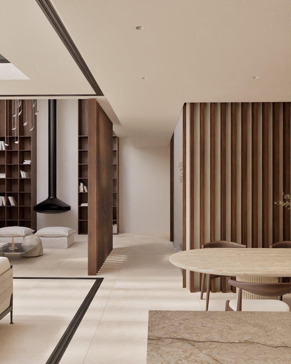 Stylish interior with wooden accents and a dining area in a 4-bedroom villa in Denia - The Estates