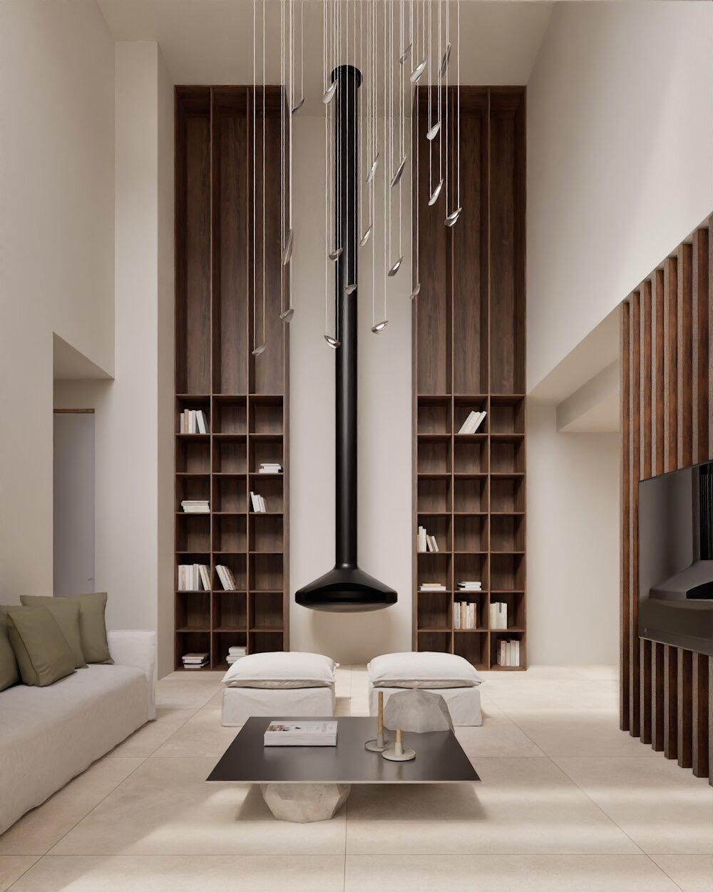 Stylish living room interior with wood paneling and a modern fireplace in a 4-bedroom villa in Denia - The Estates