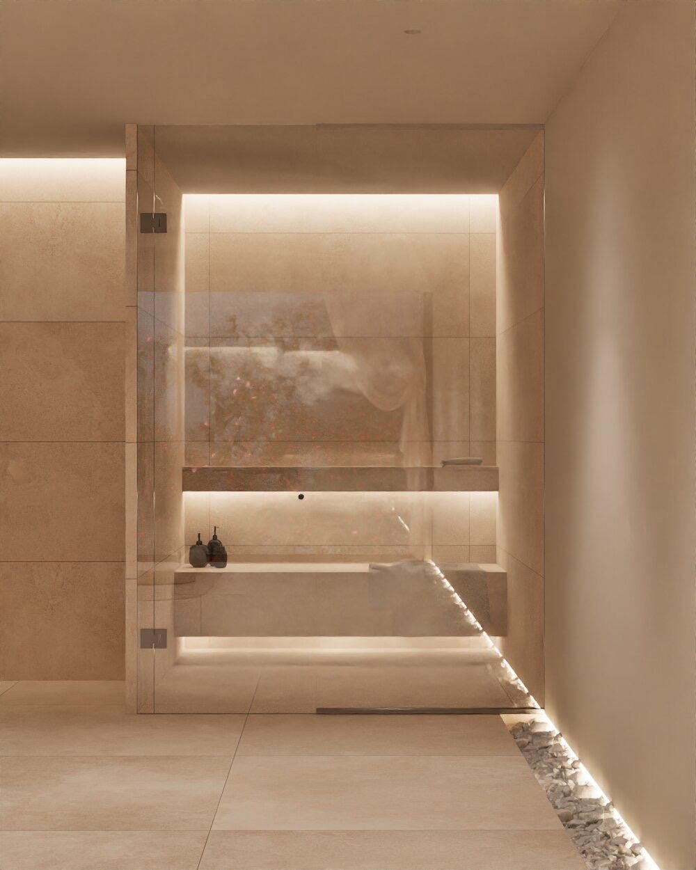 A modern bathroom with a walk-in shower in a 4-bedroom villa in Denia - The Estates