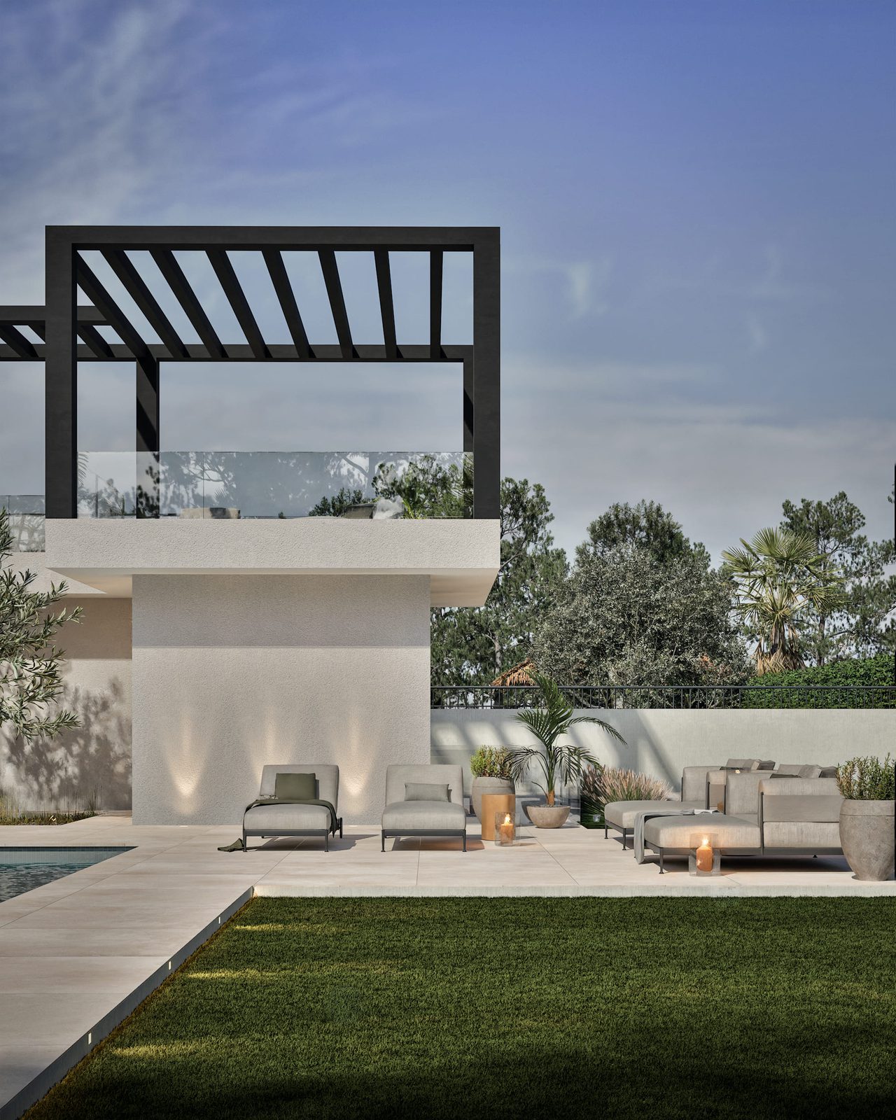 Stylish outdoor lounge area with mountain views at a 4-bedroom villa in Denia - The Estates