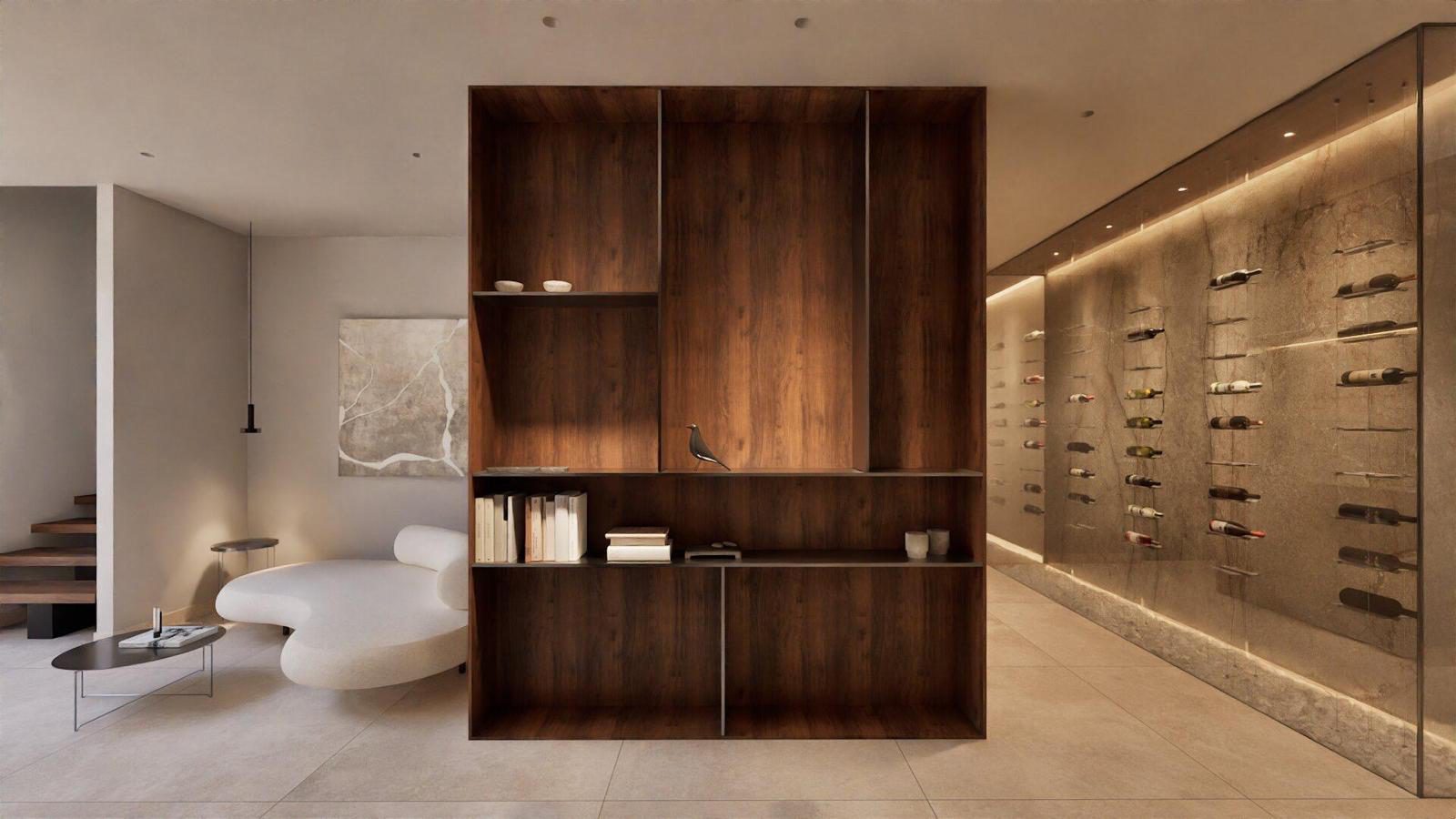 Stylish wine storage and seating area inside a 4-bedroom villa in Denia - The Estates