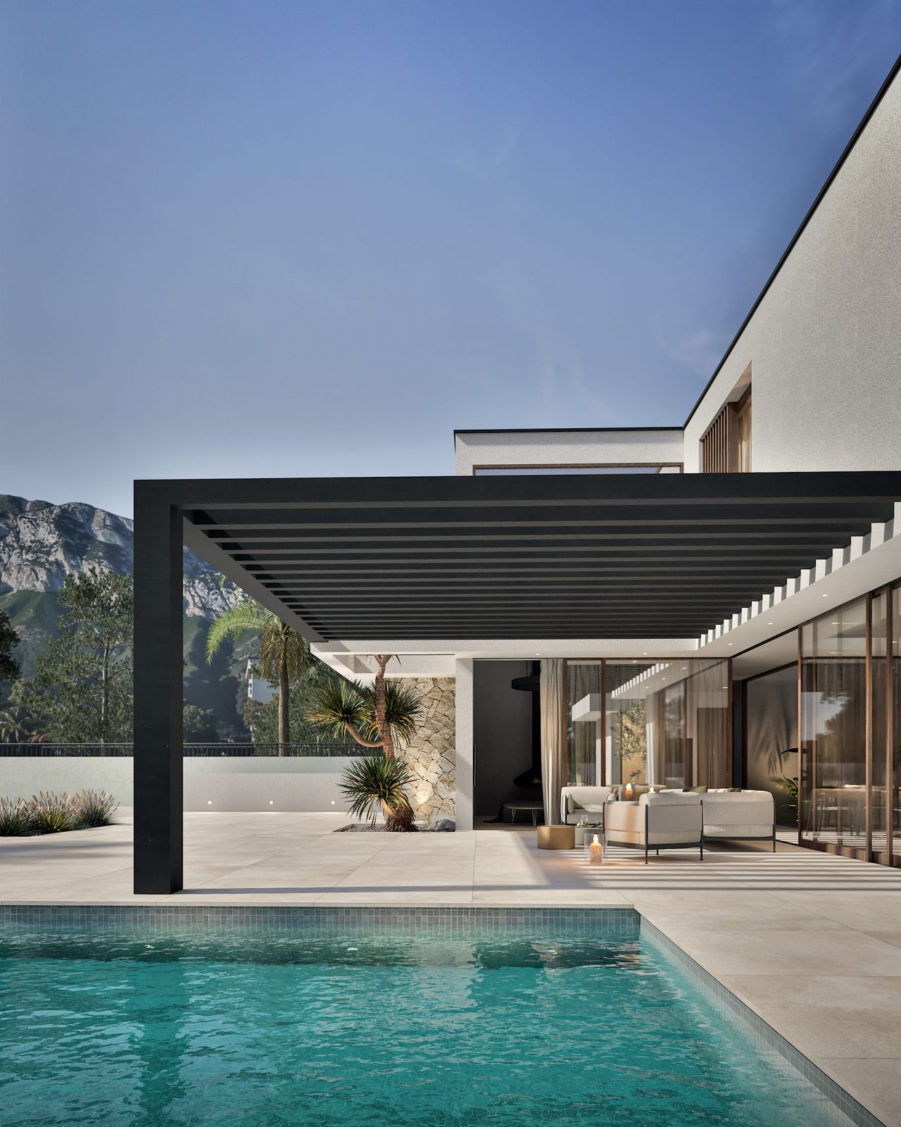 Modern villa exterior with pool and mountain views of a 4-bedroom villa in Denia - The Estates