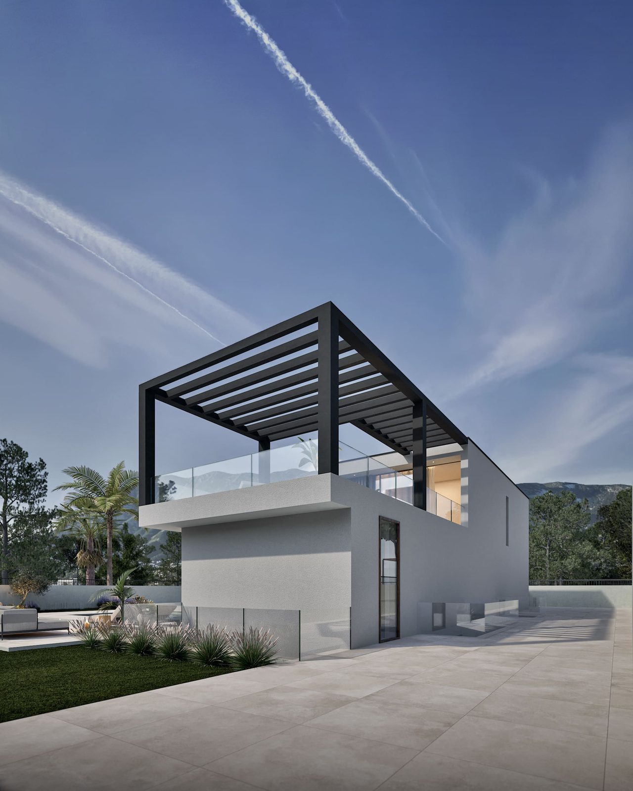 Modern villa exterior with a rooftop terrace and mountain views in Denia - The Estates