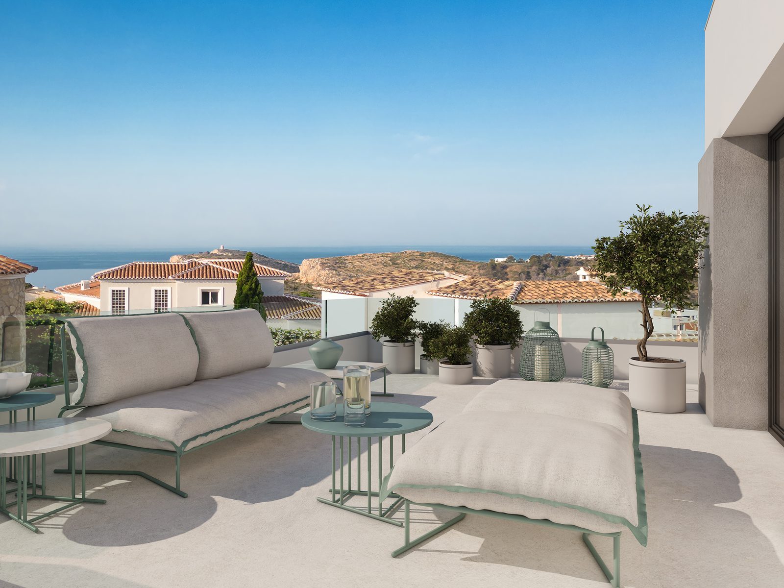 Sea-view terrace with outdoor seating of a