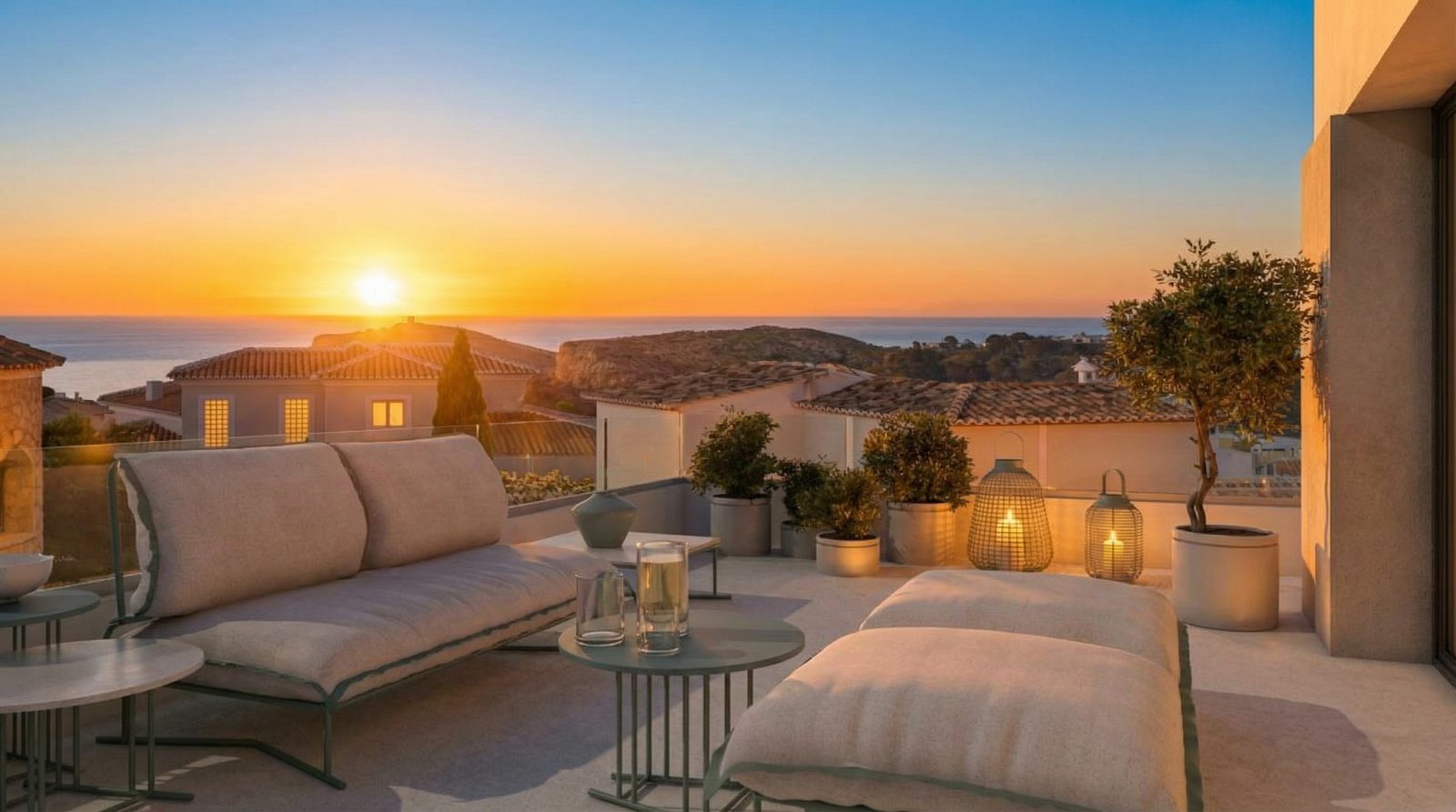 Rooftop terrace lounge with sea views at sunset of a 3-bedroom villa in Benitachell - The Estates