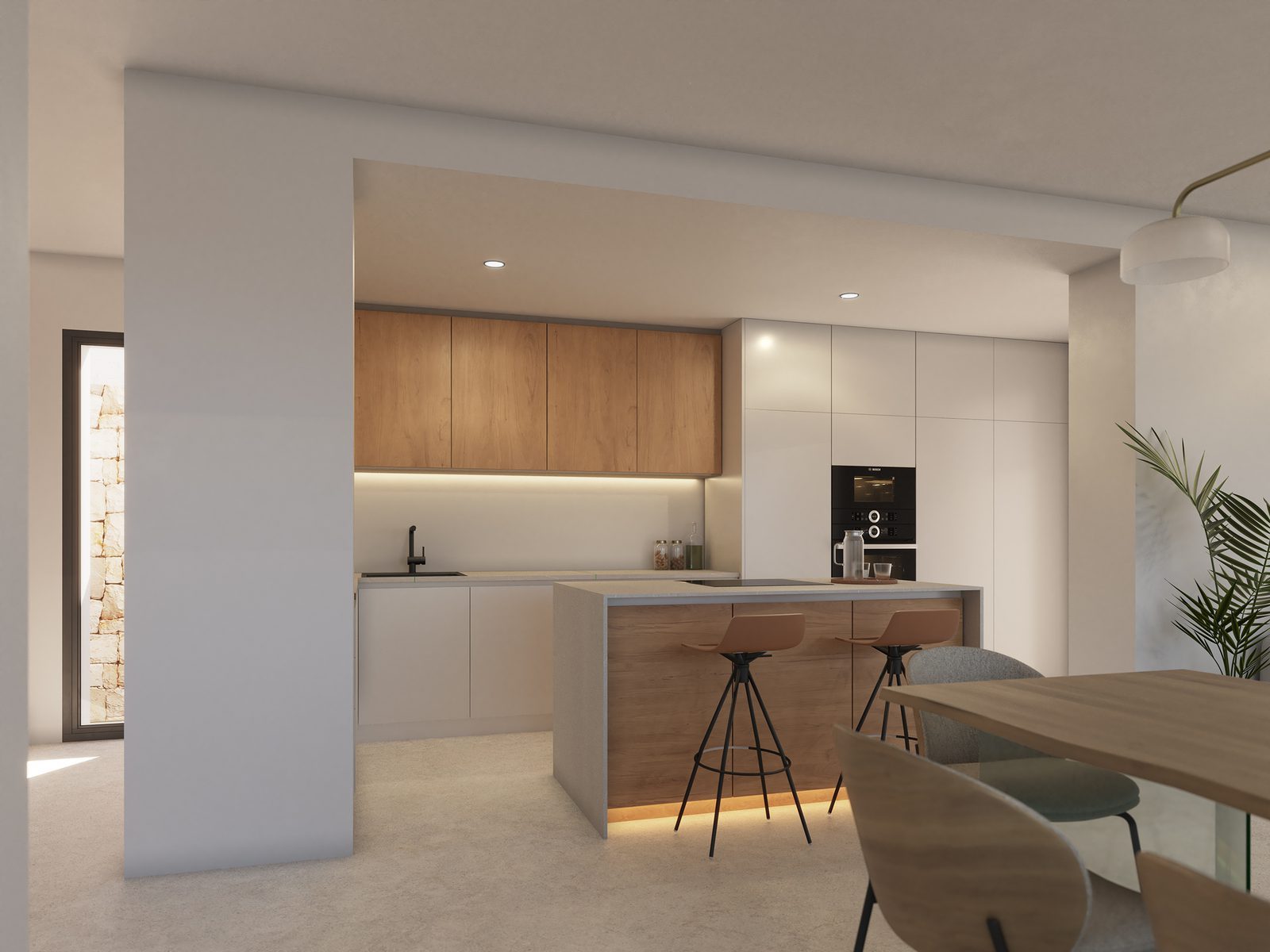 Modern kitchen with island, integrated appliances and breakfast bar in a 3-bedroom villa in Benitachell - The Estates