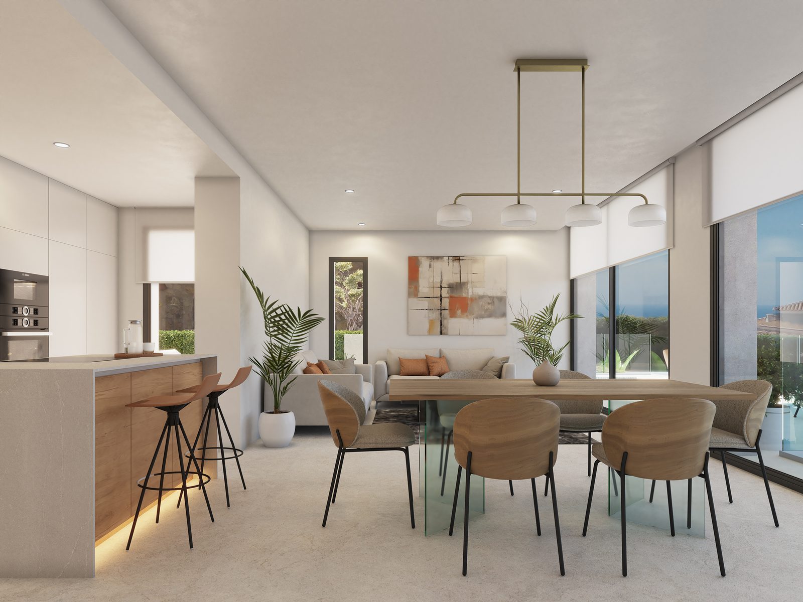 Open-plan kitchen, dining and living area with sea views in a 3-bedroom villa in Benitachell - The Estates