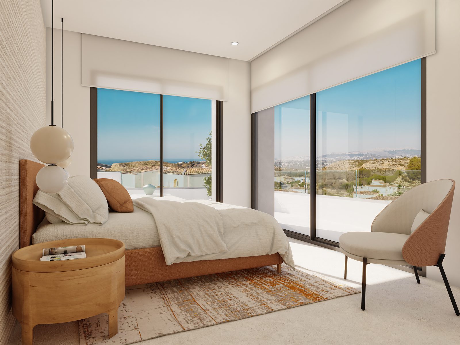 Bright bedroom with sea views, floor-to-ceiling windows and modern furnishings in a 3-bedroom villa in Benitachell - The Estates
