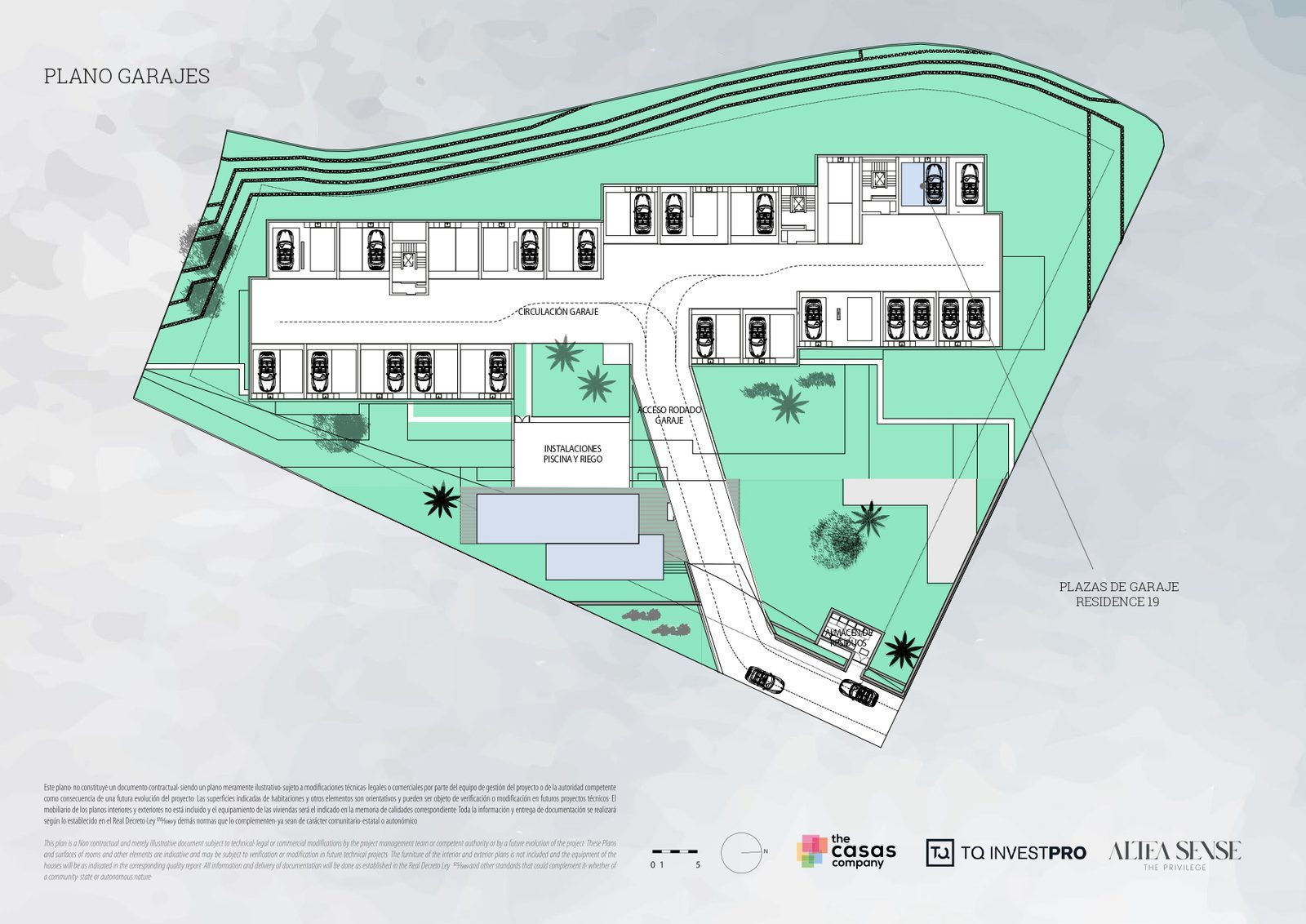 Garage floor plan with parking spaces, pool and landscaped grounds for a 2-bedroom pent