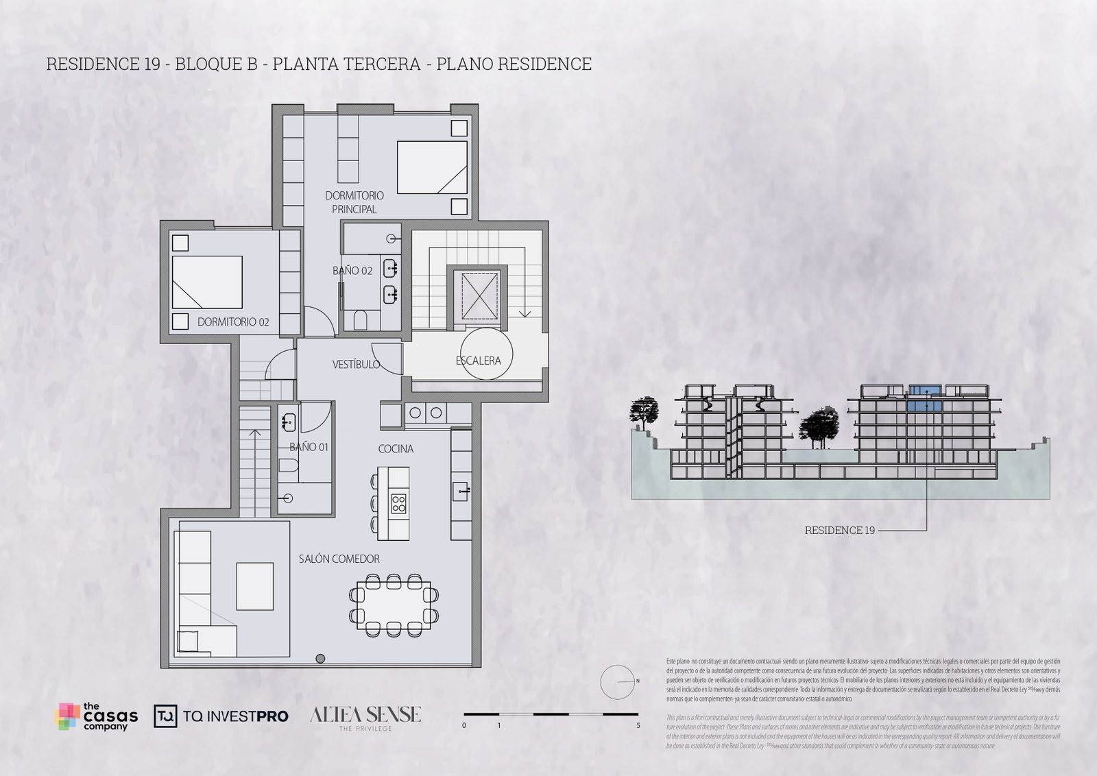 Floor plan and building elevation for Residence 19, showing a 2-bedroom penthouse layout in Altea - The Estates