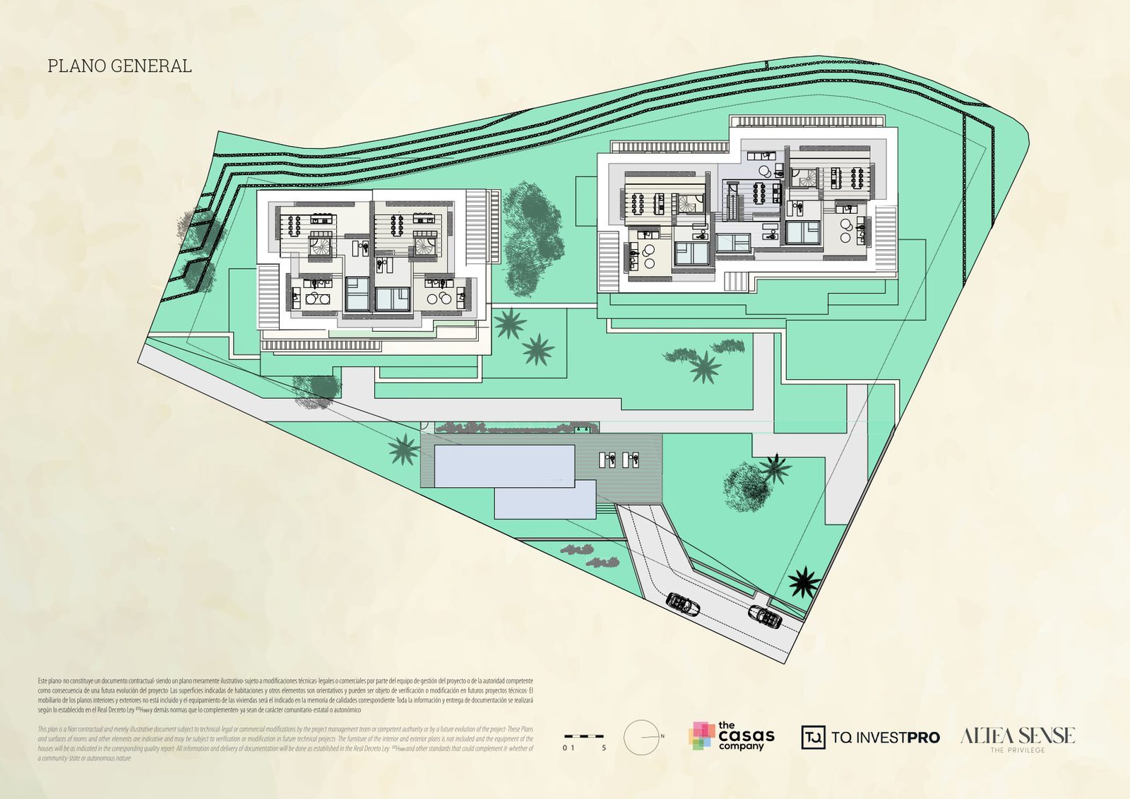 General site plan showing two buildings, landscaped grounds