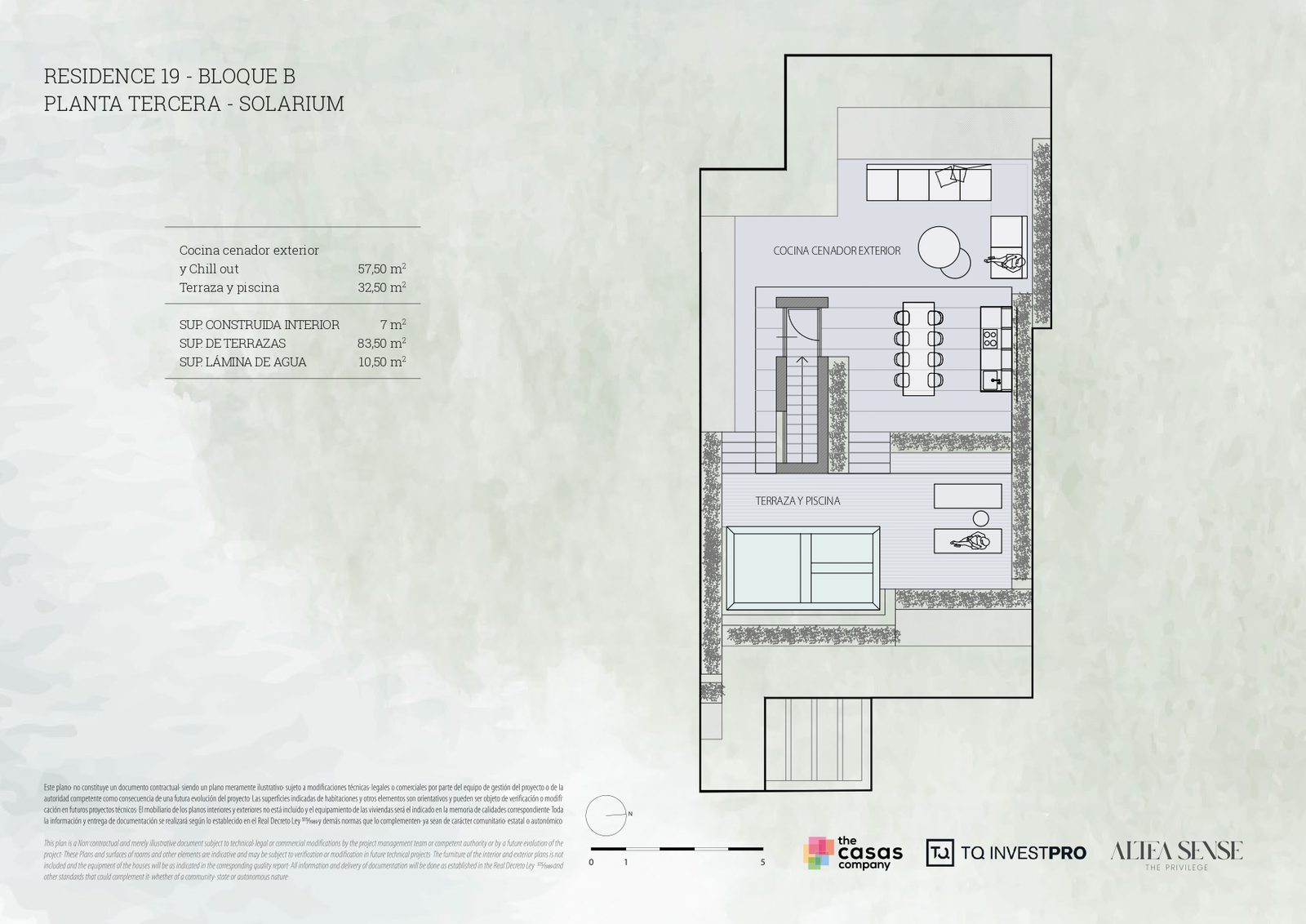 Solarium floor plan with outdoor kitchen, chill-out area and pool of a 2-bedroom penthouse in Altea - The Estates