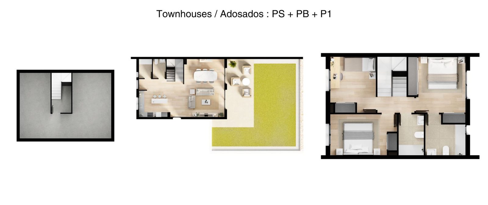 Floor plans showing the basement, ground floor with garden, and first floor of a 3-bedroom townhouse in Finestrat - The Estates