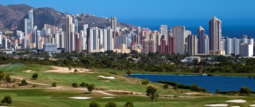Golf course, lake and Benidorm skyline viewed from a 3-bedroom townhouse