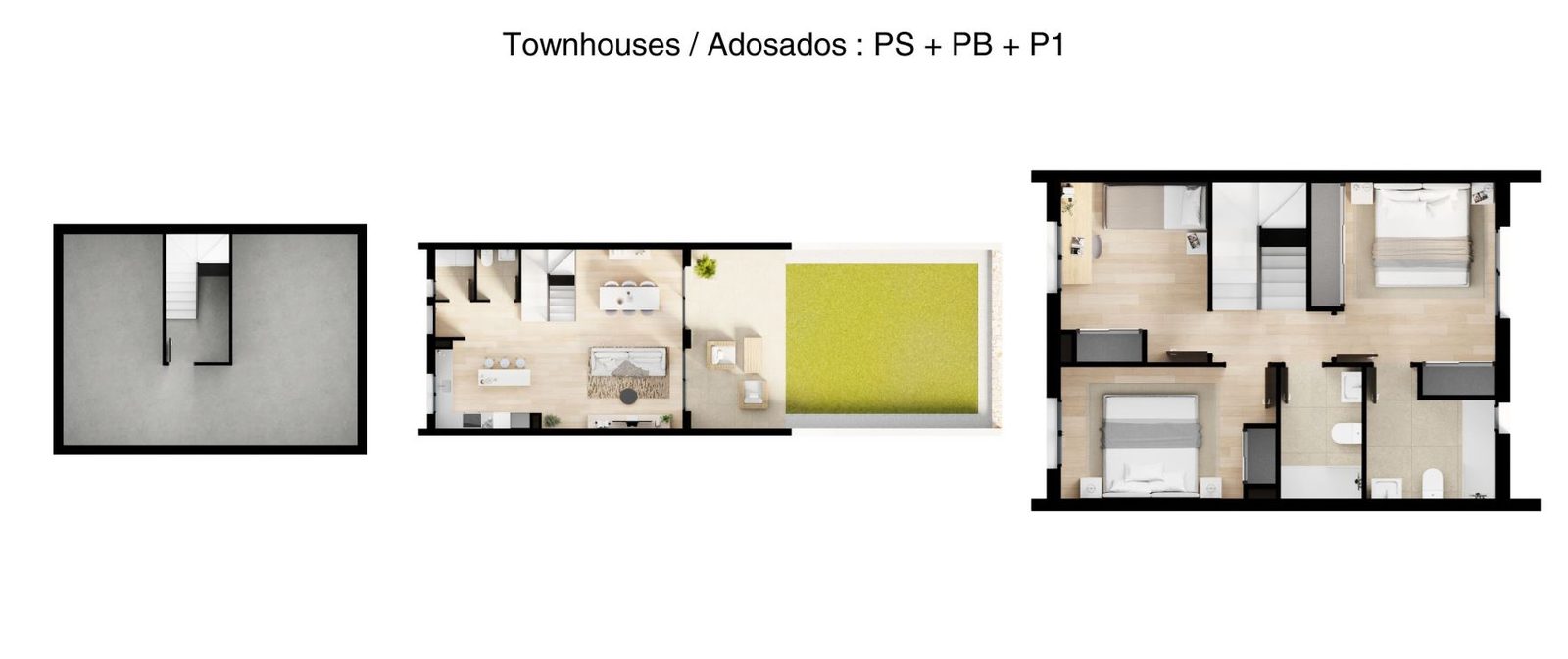 Floor plan showing basement, ground floor with garden, and first floor of a 3-bedroom townhouse in Finestrat - The Estates
