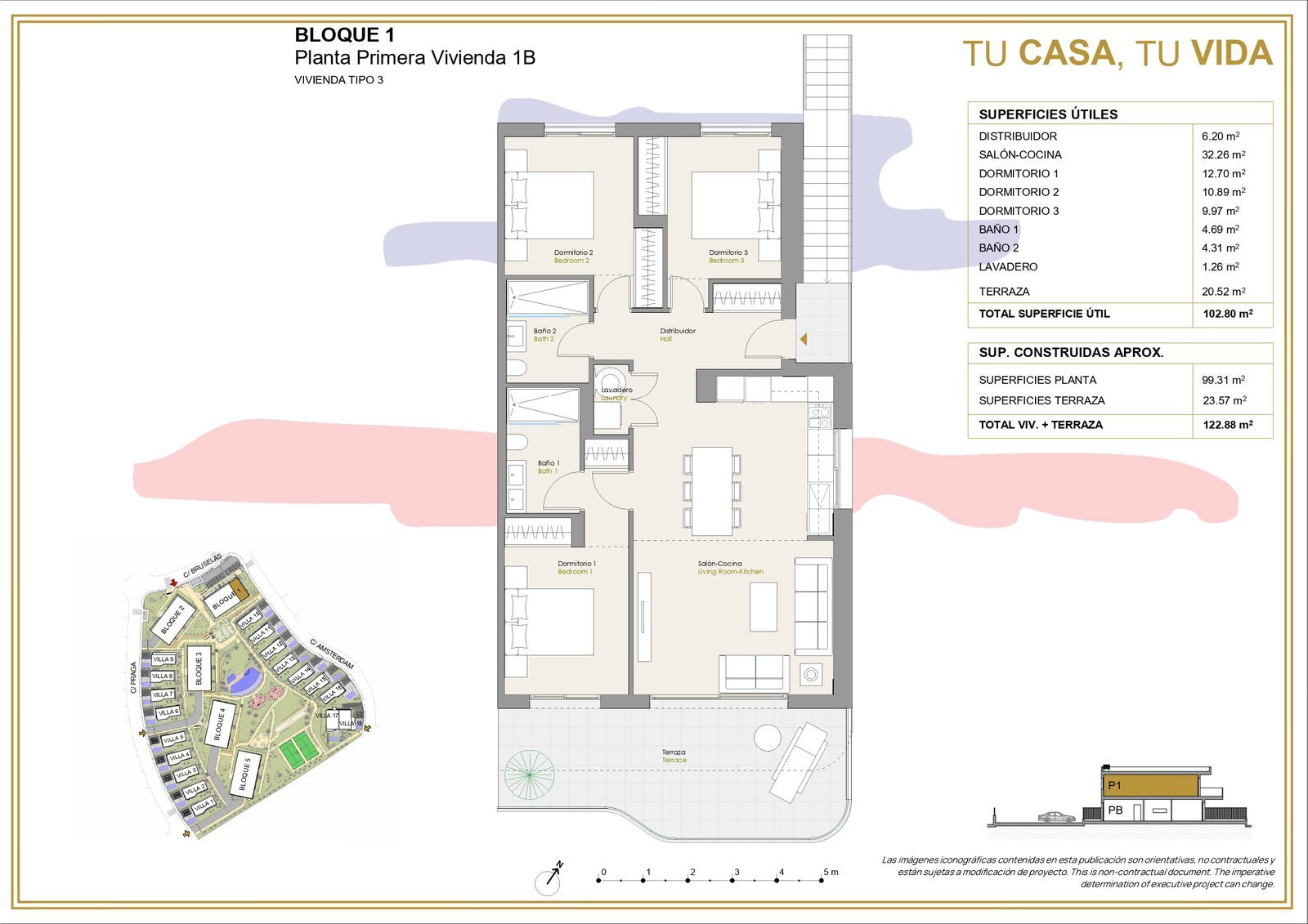 Floor plan of a 3-bedroom apartment in Finestrat - The Estates