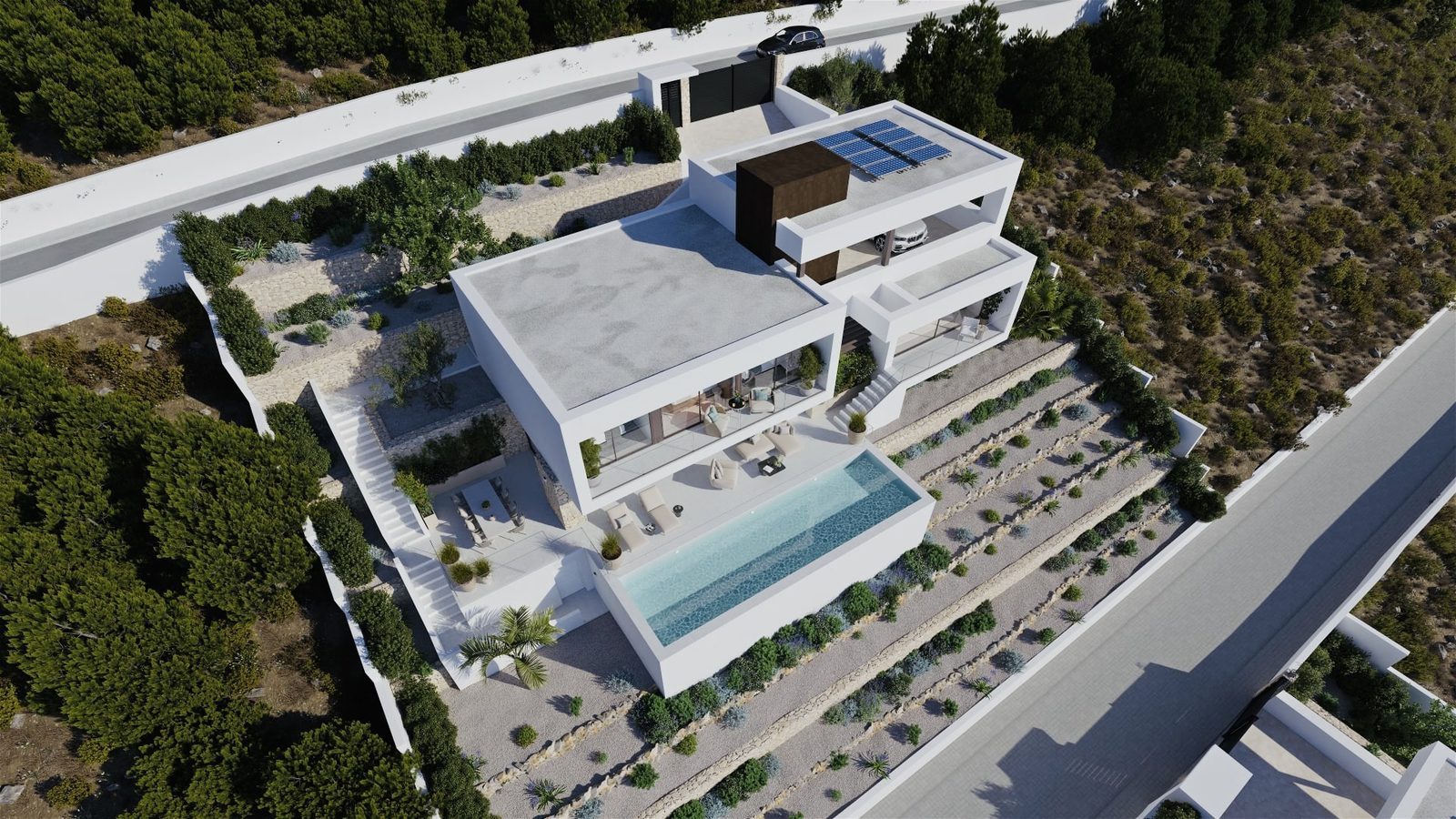 Aerial view of a modern villa with pool, landscaped terraces and solar panels in Sierra Altea, Altea - The Estates