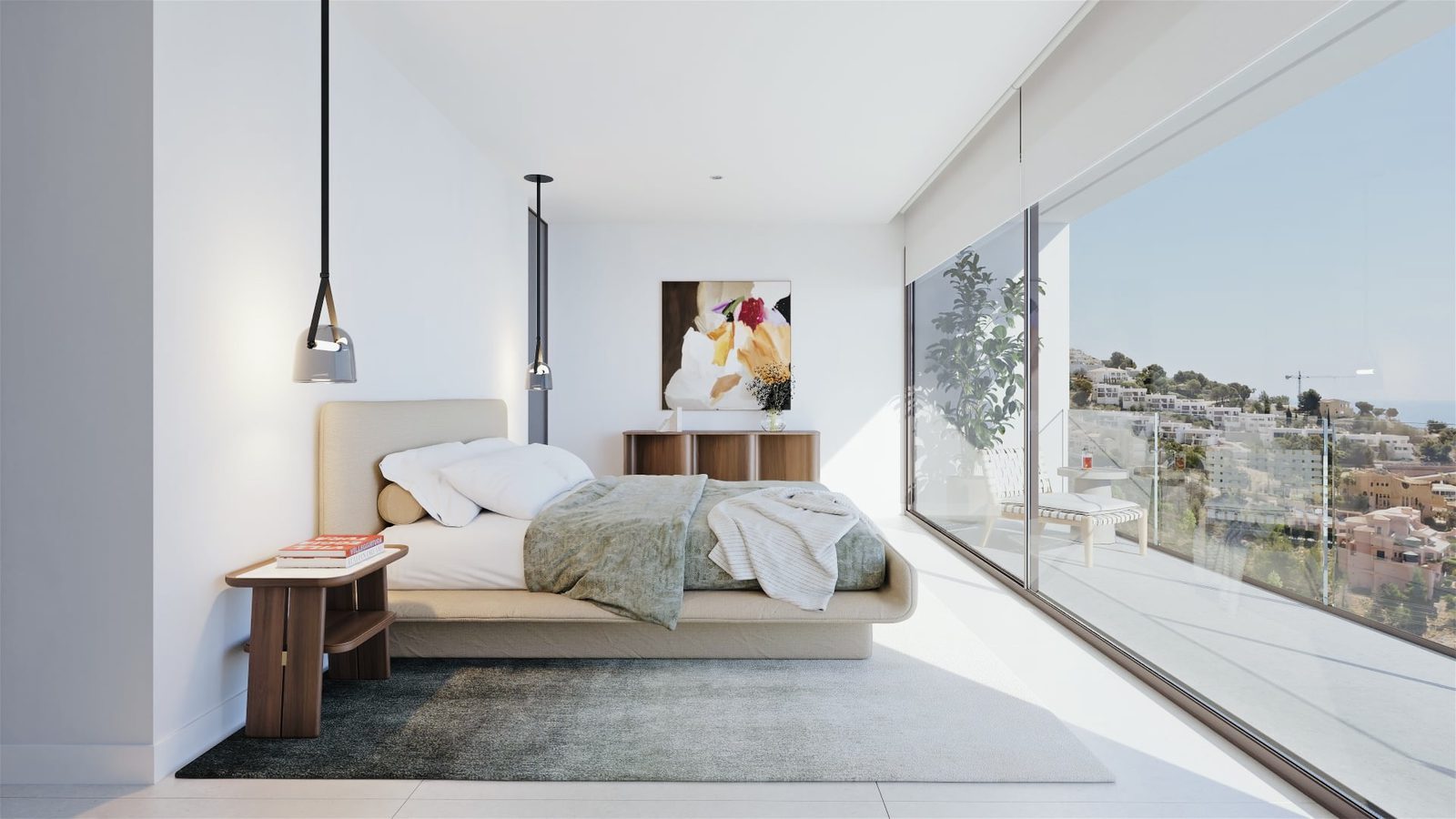 Bright bedroom with floor-to-ceiling windows and panoramic sea views of a 4-bedroom villa in Altea - The Estates