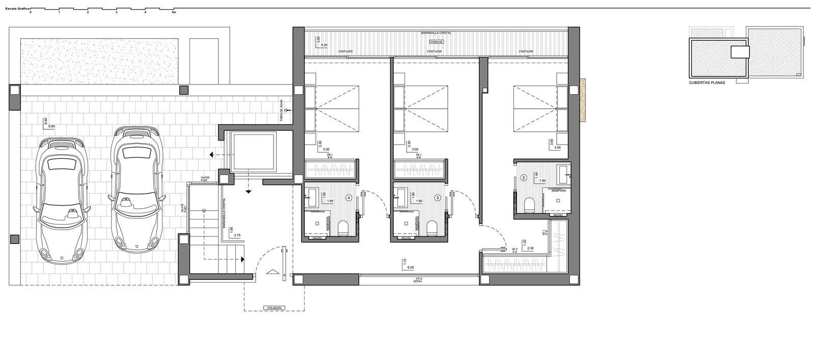 Architectural floor plan showing a garage, three bedrooms and bathrooms of a 4-bedroom villa in Altea - The Estates