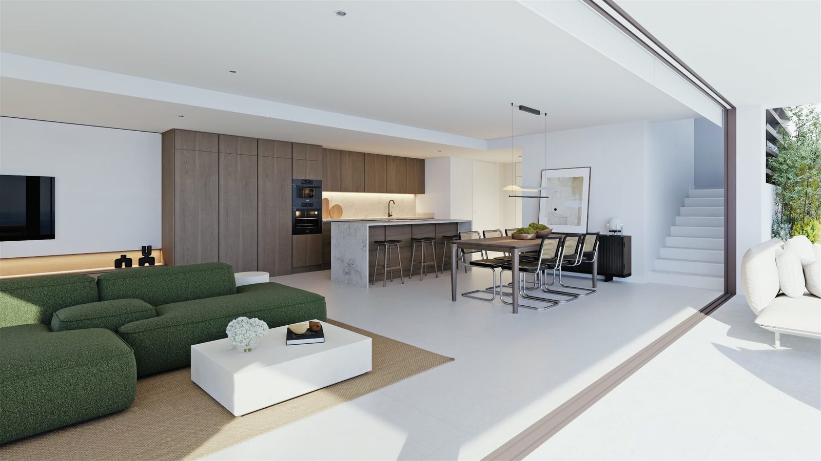 Contemporary open-plan living, dining and kitchen area with terrace access of a 4-bedroom villa in Altea - The Estates