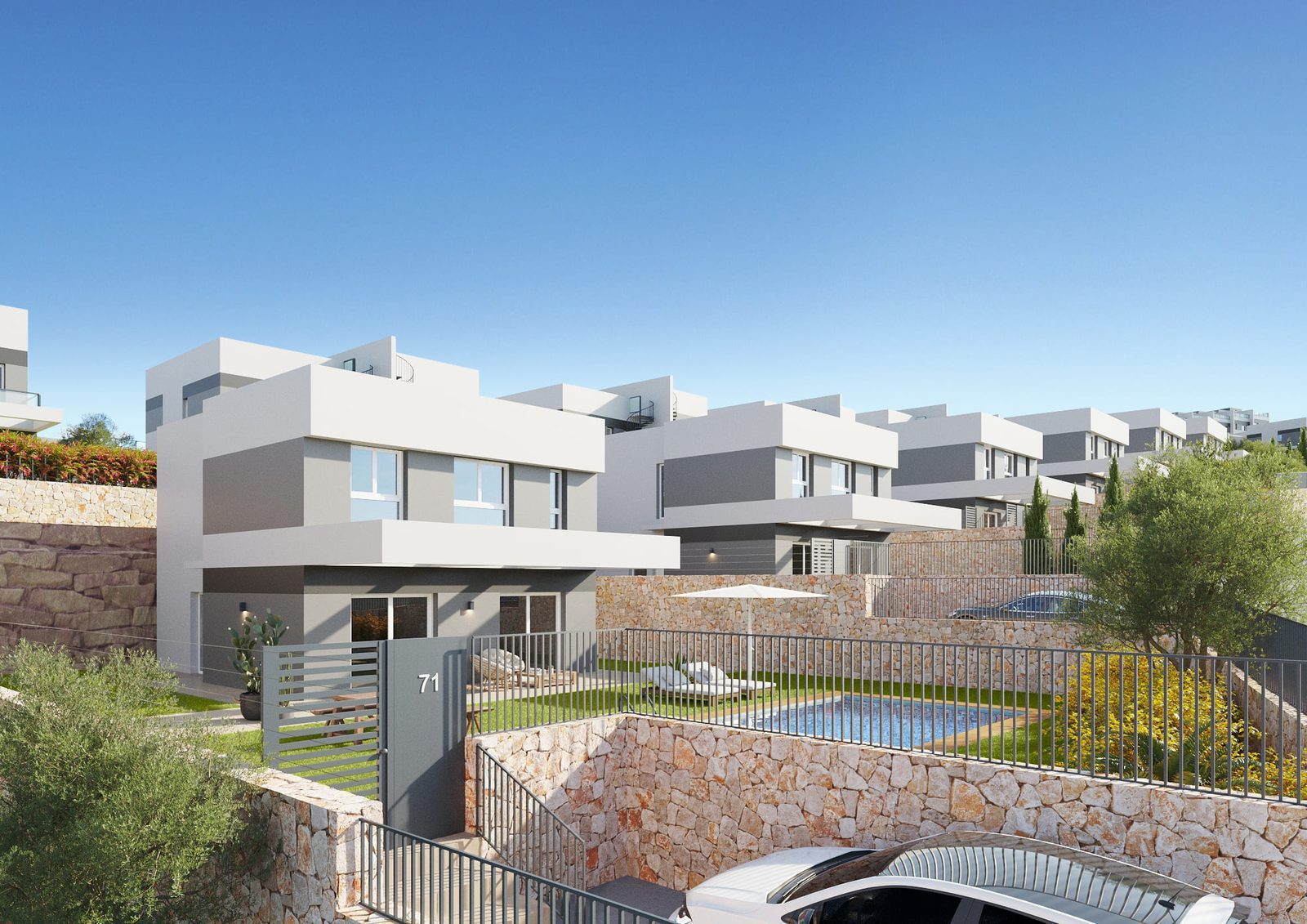 Modern villa exterior with private pool, terraces and landscaped gardens