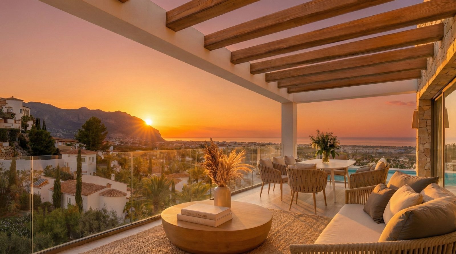 Sunset terrace lounge with panoramic sea and mountain views at a 4-bedroom villa in Pedreguer - The Estates