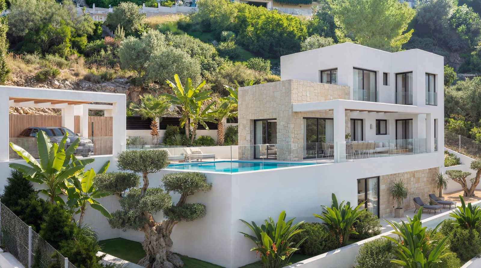 Modern villa with swimming pool, landscaped gardens and stone detailing in Monte Solana, Pedreguer - The Estates