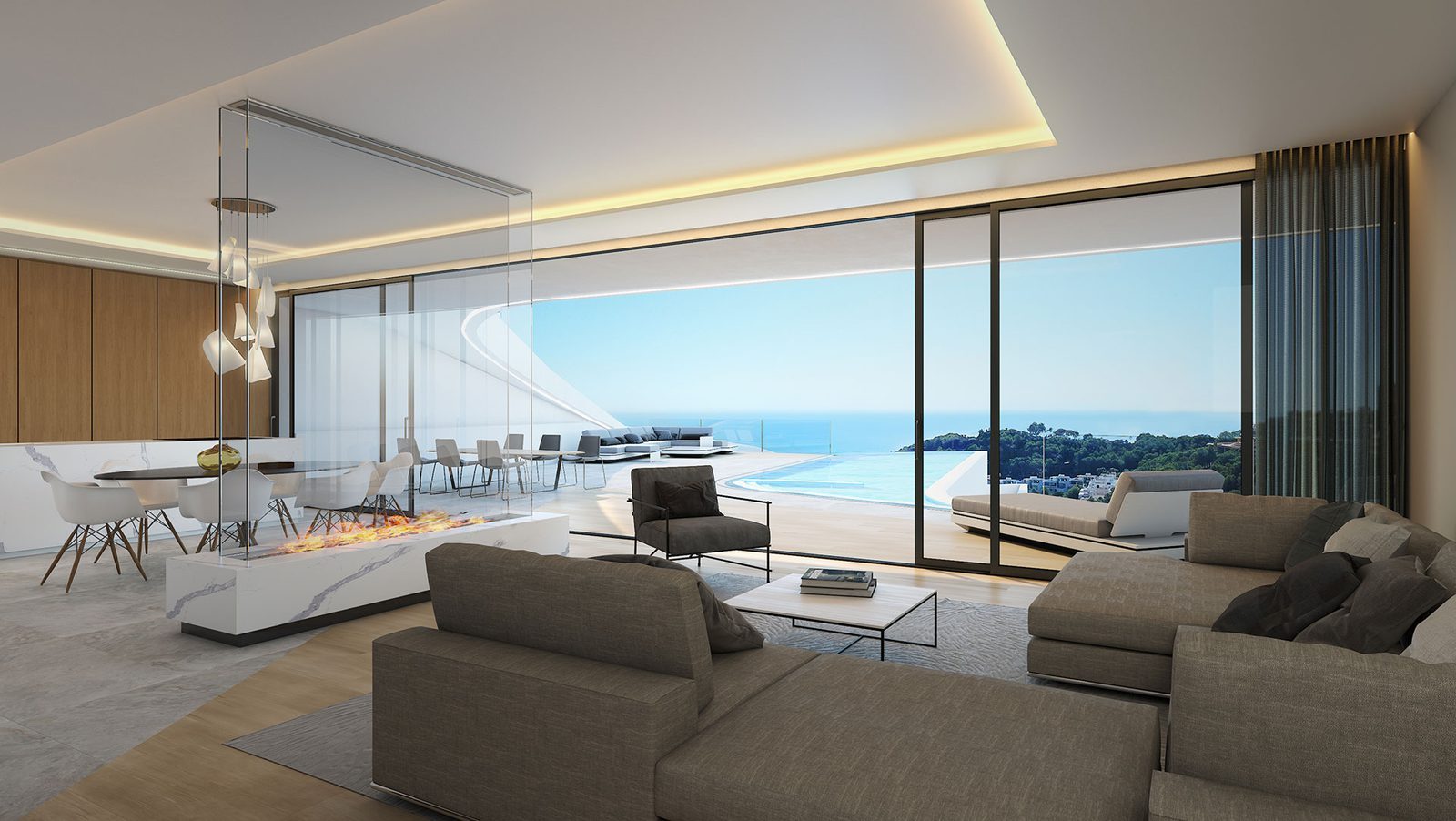 Modern open-plan living room and kitchen with pool and panoramic sea views of a 4-bedroom villa in Altea - The Estates