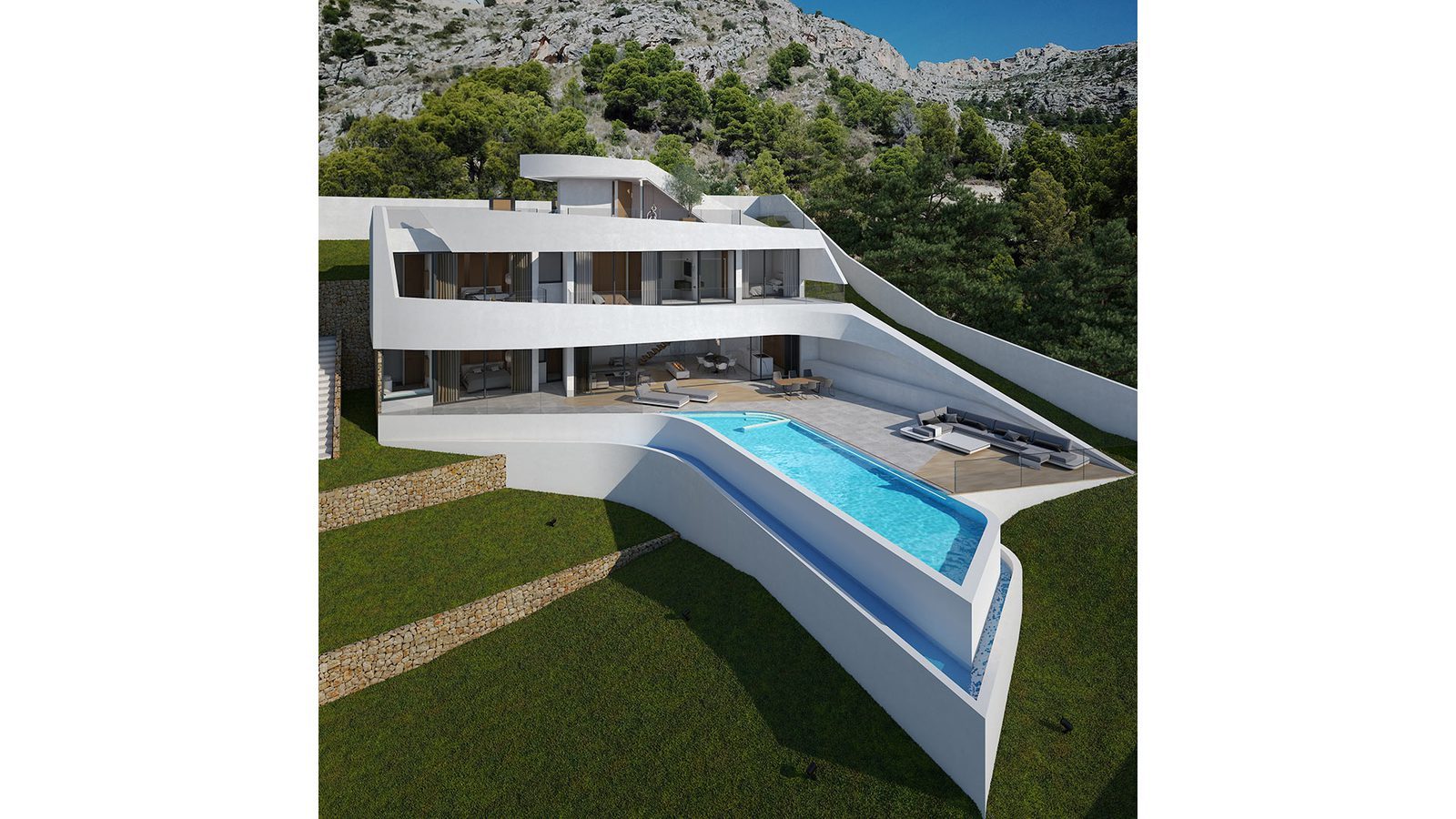 Modern villa exterior with infinity pool and mountain backdrop of a 4-bedroom villa in Altea - The Estates