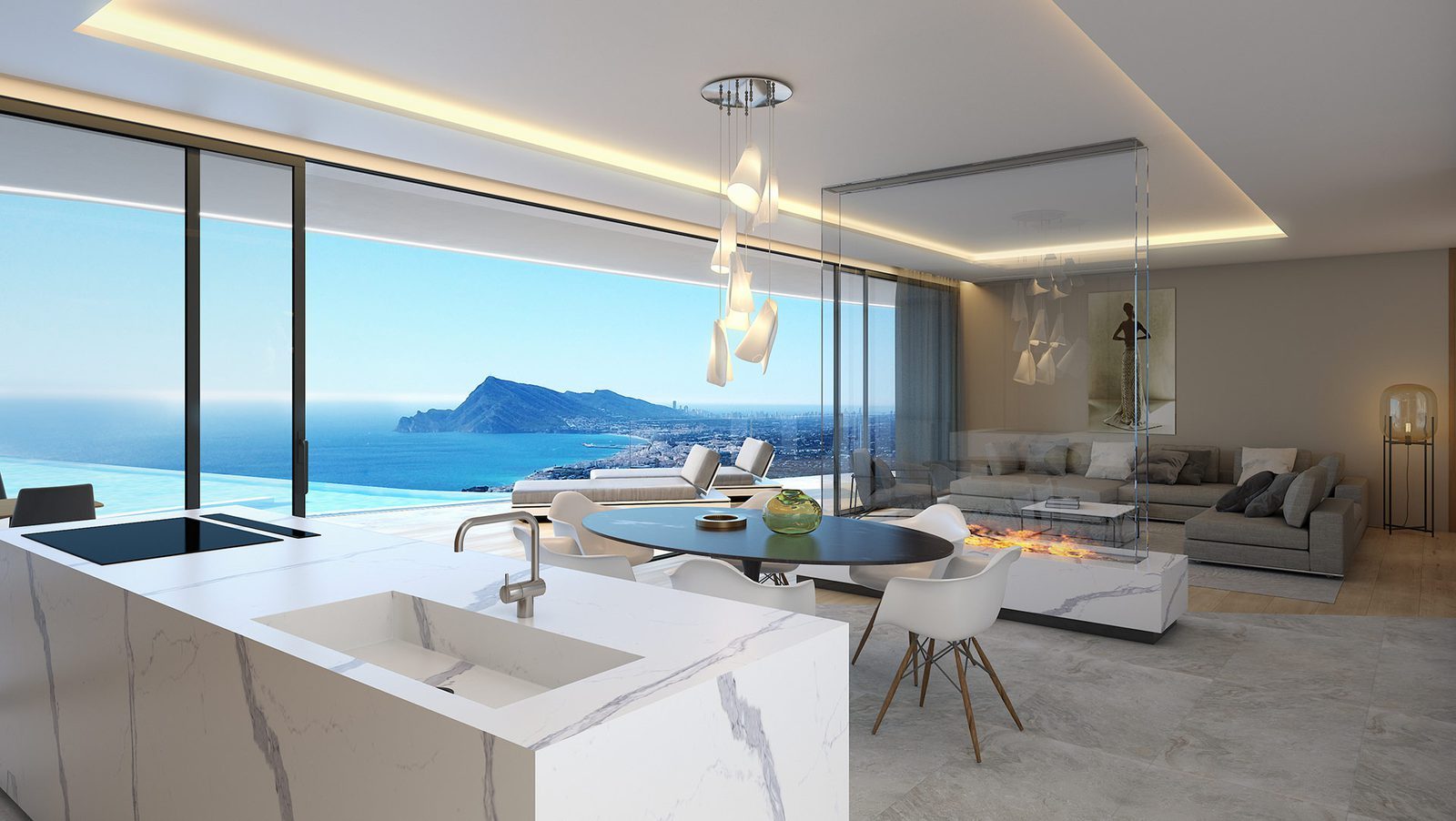 Open-plan kitchen, dining and living area with panoramic sea views of a 4-bedroom villa in Altea —
