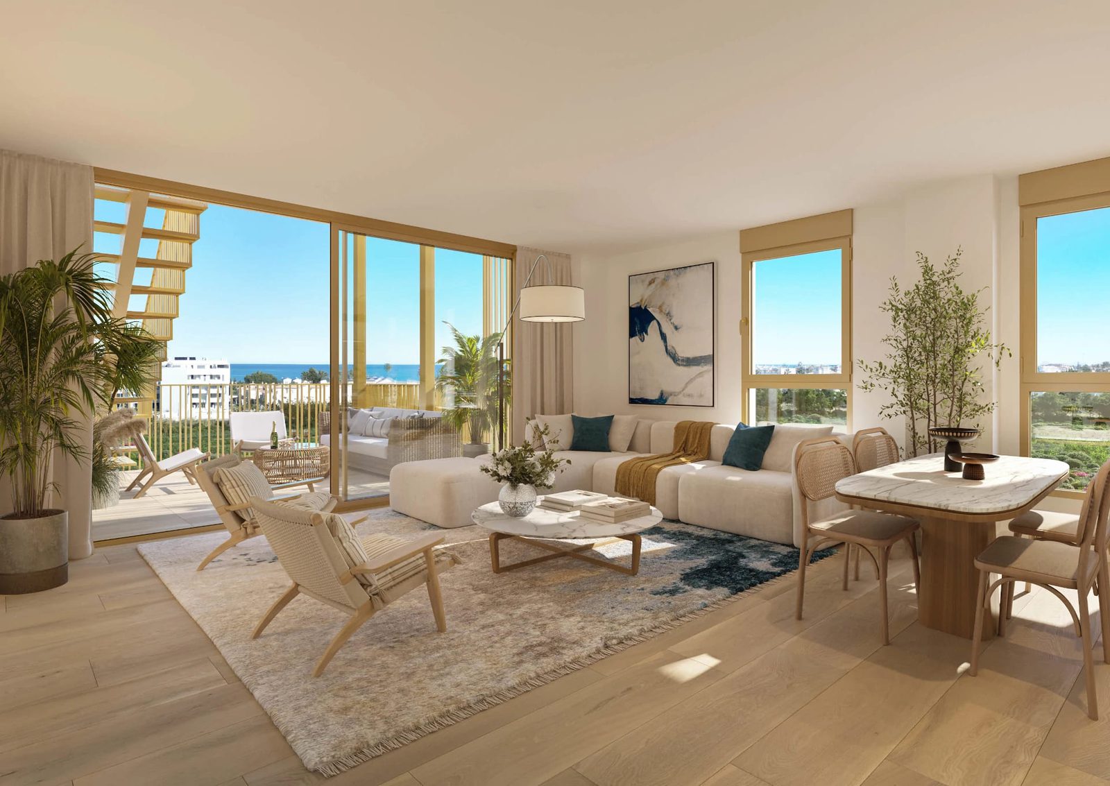 Bright living area with sea and mountain views inside a 2-bedroom penthouse in El Verger - The Estates