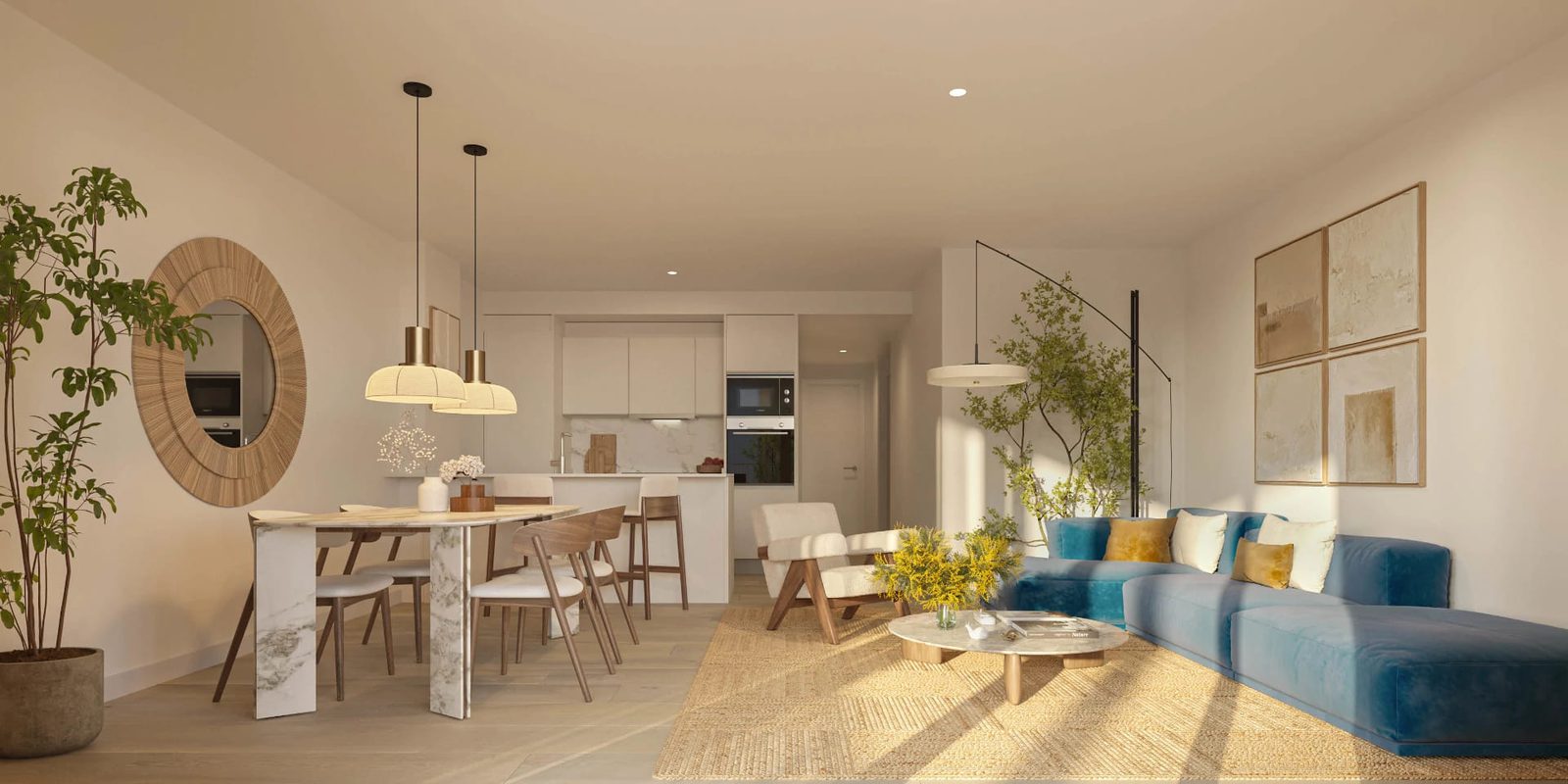 Stylish living and dining area in a 2-bedroom penthouse with sea, mountain, and garden views - The Estates