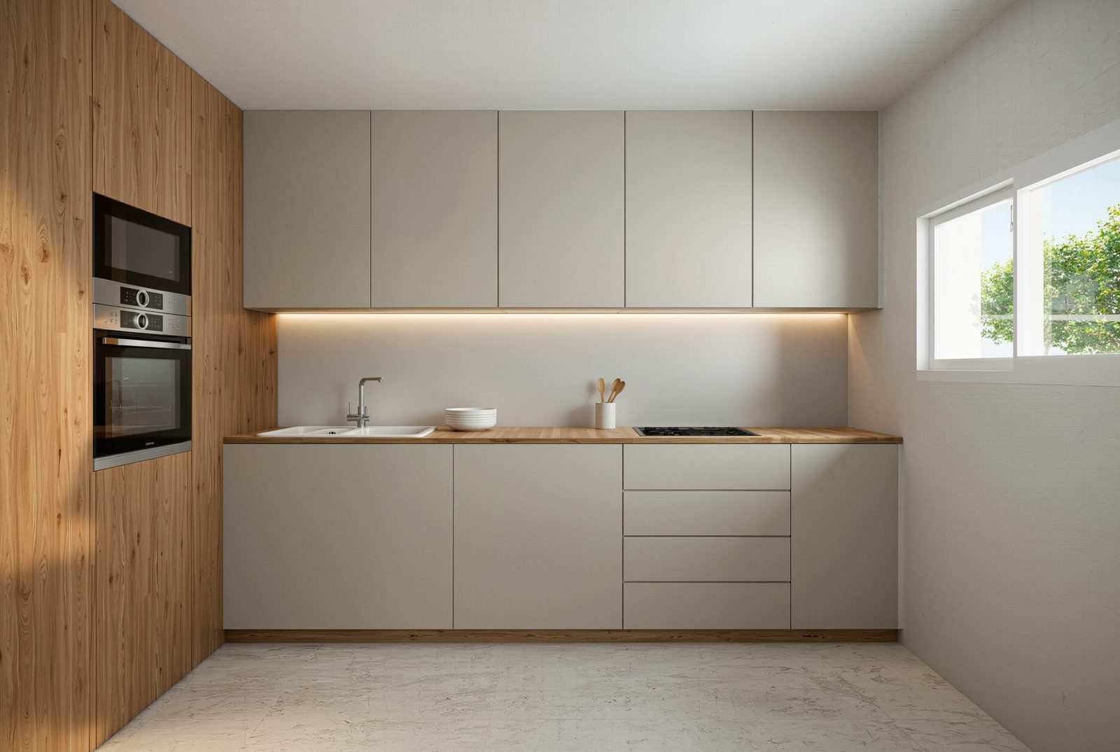 Modern fitted kitchen with wood cabinetry, integrated appliances and natural light in a 4-bedroom villa in Altea - The Estates
