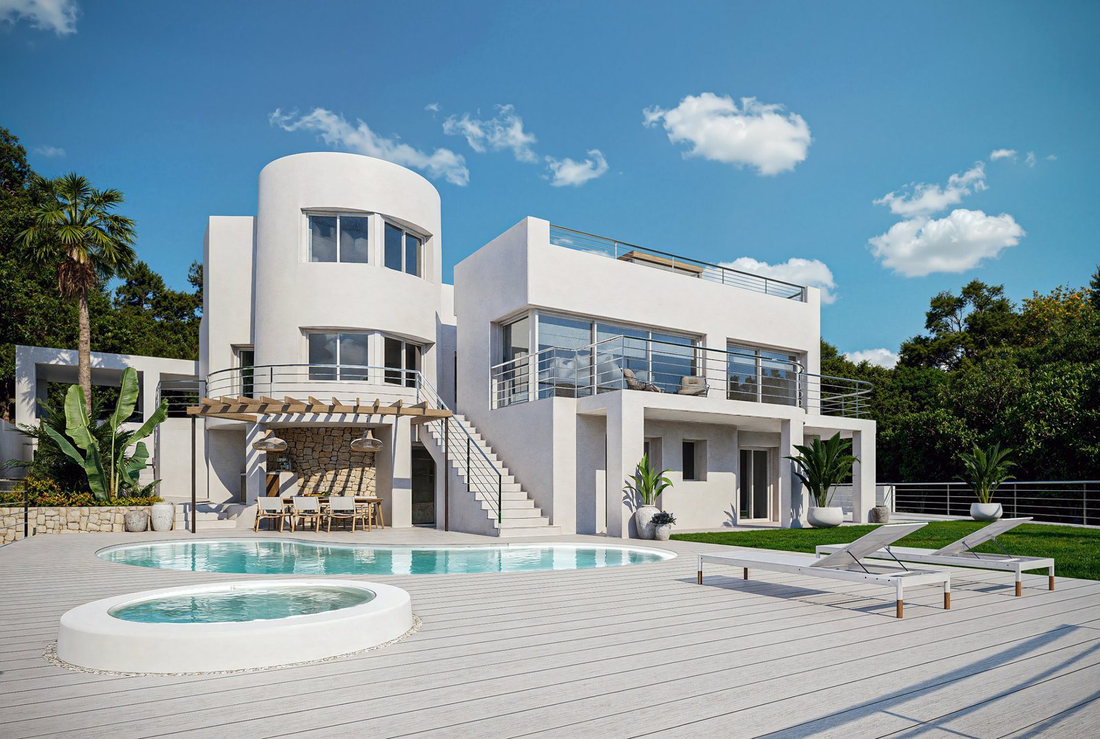 Modern villa exterior with pool, hot tub and sun terrace in Altea - The Estates