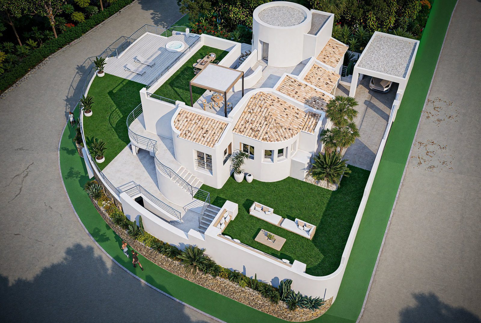 Aerial view of rooftop terraces, gardens and outdoor seating at a