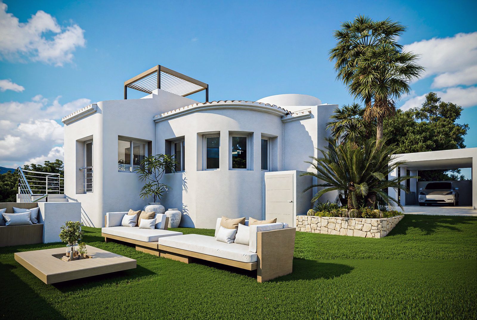Modern white villa exterior with landscaped garden, outdoor seating and palm trees in Altea - The Estates