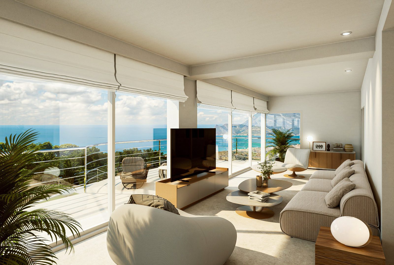 Bright living room with floor-to-ceiling windows and sea and mountain views of a 4-bedroom villa in Altea - The Estates
