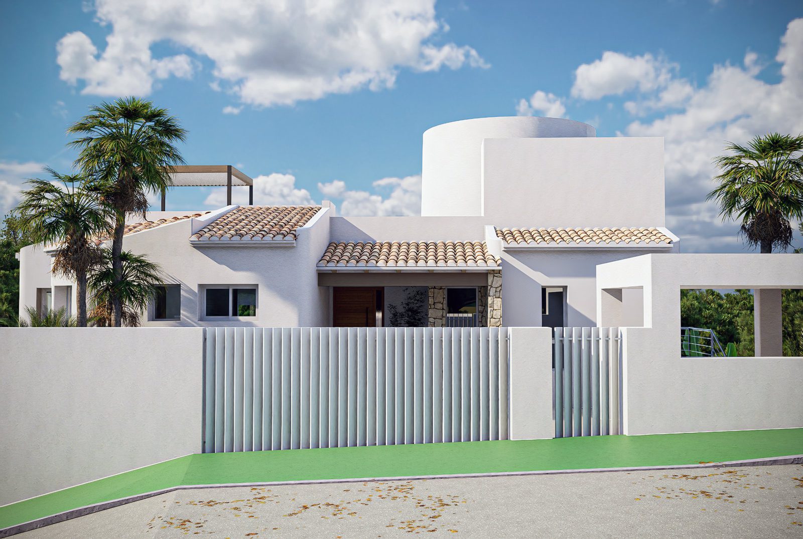 Contemporary white villa facade with tiled roofs and palm trees in Altea Hills, of a 4-bedroom villa in Altea - The Estates