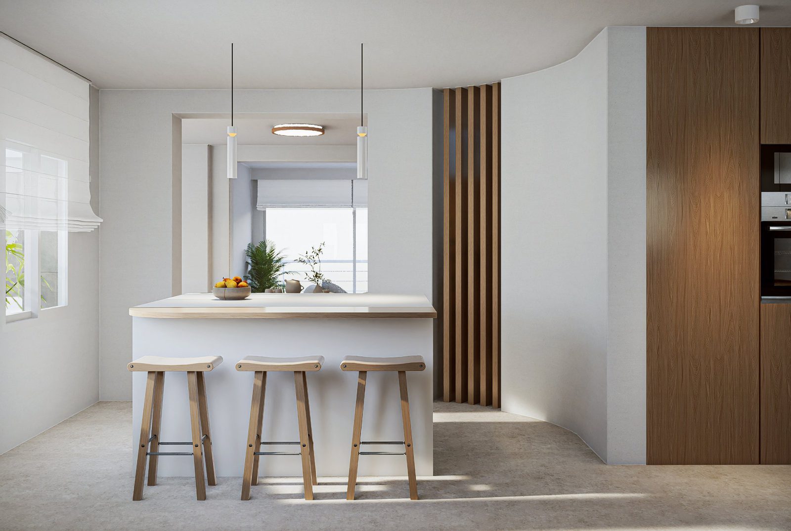 Modern kitchen with island and three stools in a 4-bedroom villa in Altea - The Estates