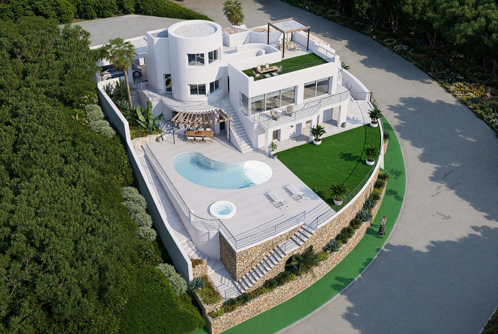 Aerial view of a white villa with terraces, gardens and swimming pool in Altea - The Estates