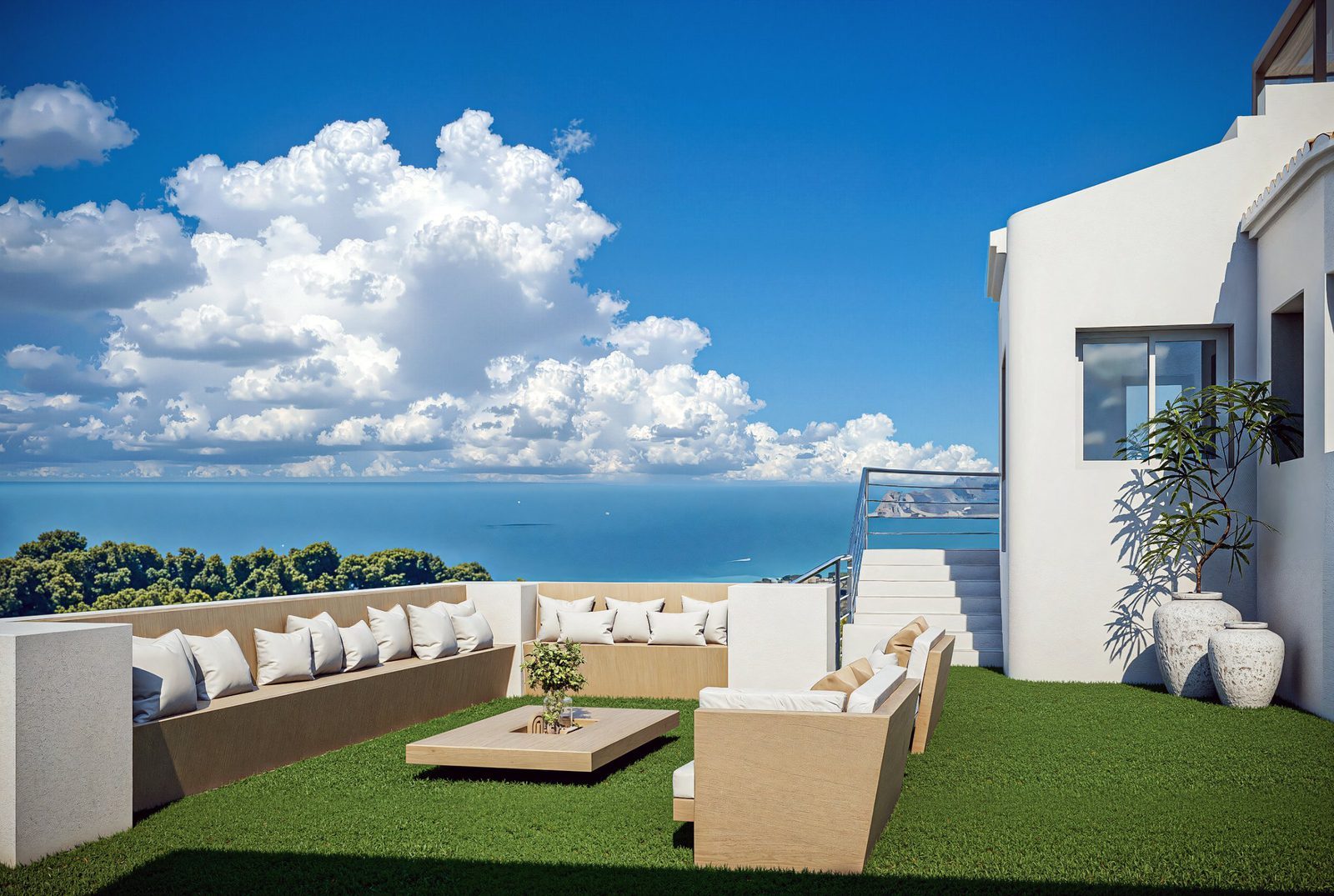 Rooftop terrace with outdoor seating and sea views of