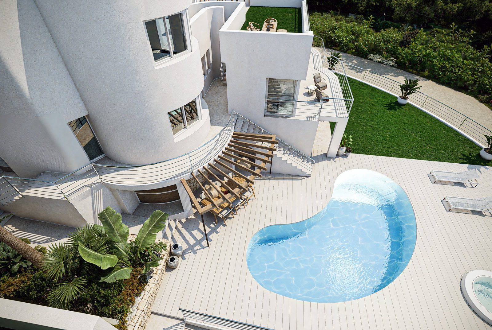 Aerial view of the villa's pool, terraces, gardens and modern architecture in Altea - The Estates