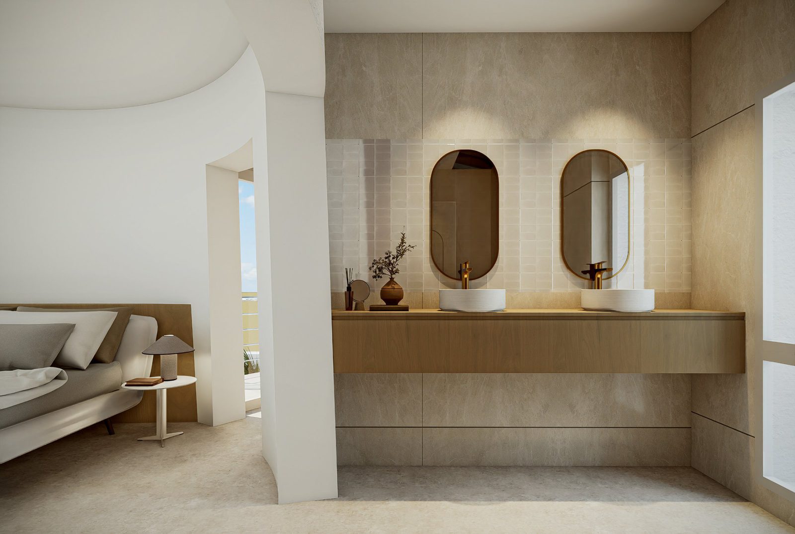 Contemporary bathroom with double vanity and arched mirrors beside a bedroom in a 4-bedroom villa in Altea - The Estates