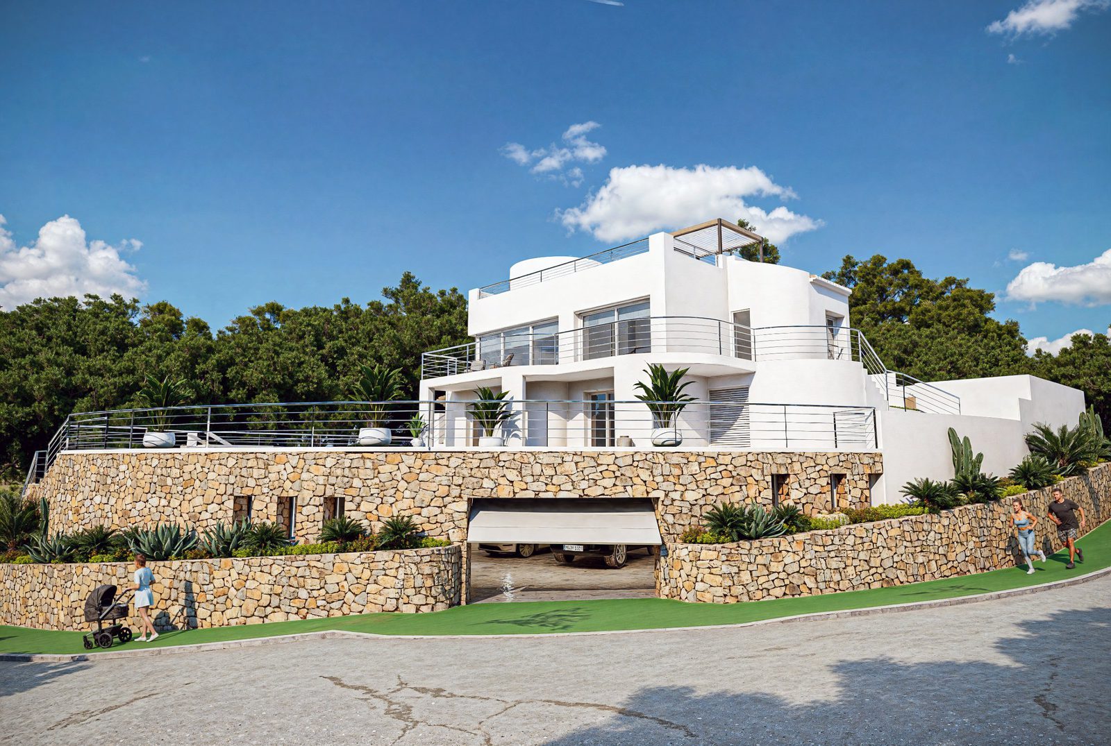 Exterior view of a modern white villa with terraces and stone walls in Altea Hills - The Estates